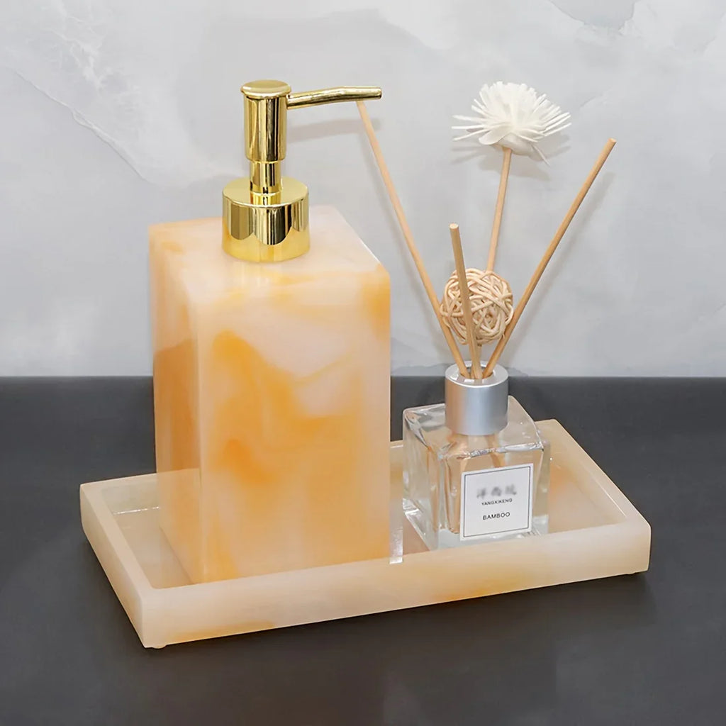3pcs Elegant Sandstone Resin Bathroom Vanity Set - Modern Hand Soap Dispenser, Decorative Tray & Aromatherapy Sticks Holder in Golden and Beige - Easy to Clean, Perfect for Home & Hotel, Bathroom Trays House Of Avana