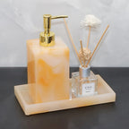 3pcs Elegant Sandstone Resin Bathroom Vanity Set - Modern Hand Soap Dispenser, Decorative Tray & Aromatherapy Sticks Holder in Golden and Beige - Easy to Clean, Perfect for Home & Hotel, Bathroom Trays House Of Avana