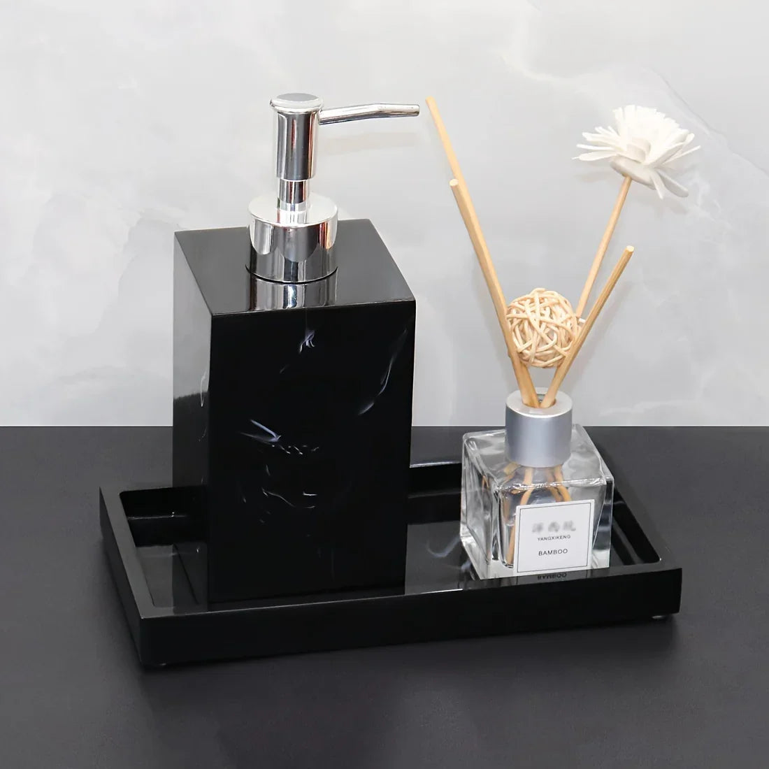 3pcs Elegant Sandstone Resin Bathroom Vanity Set - Modern Hand Soap Dispenser, Decorative Tray & Aromatherapy Sticks Holder in Golden and Beige - Easy to Clean, Perfect for Home & Hotel, Bathroom Trays House Of Avana