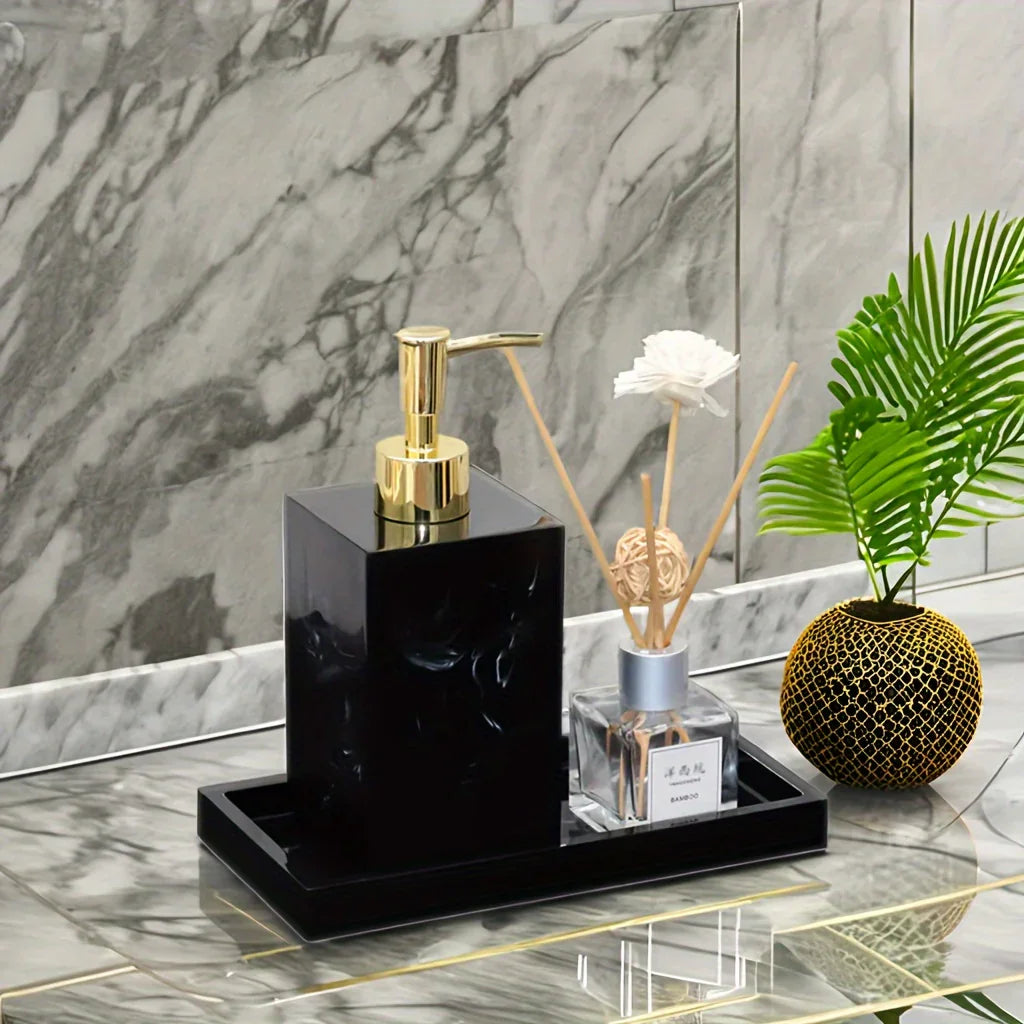 3pcs Elegant Sandstone Resin Bathroom Vanity Set - Modern Hand Soap Dispenser, Decorative Tray & Aromatherapy Sticks Holder in Golden and Beige - Easy to Clean, Perfect for Home & Hotel, Bathroom Trays House Of Avana