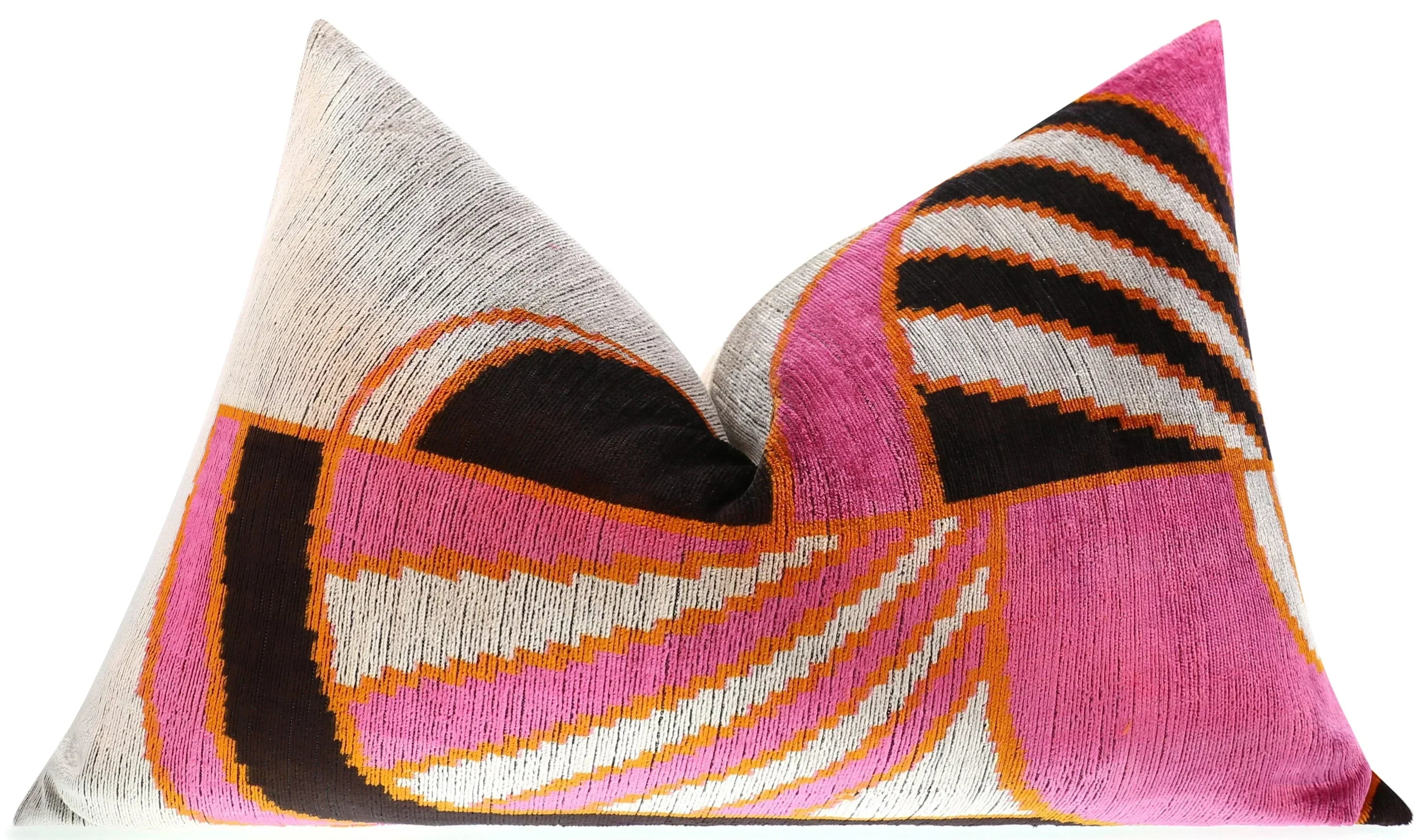 Handmade Geometric Silk Velvet Throw Pillow - 16x24, Pink and Orange Modern Design with Down Feather... - House Of Avana