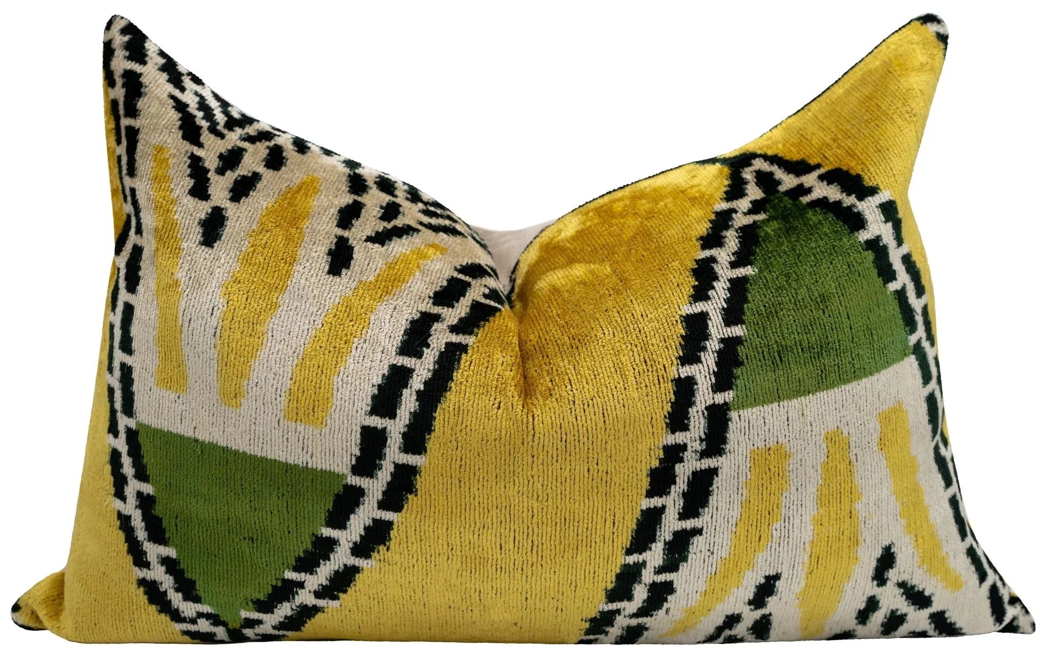 Handmade Gold Green Geometric Design Throw Pillow - 16x24 inch, Vegetable Dyed with Premium Down Feather Insert Canvello