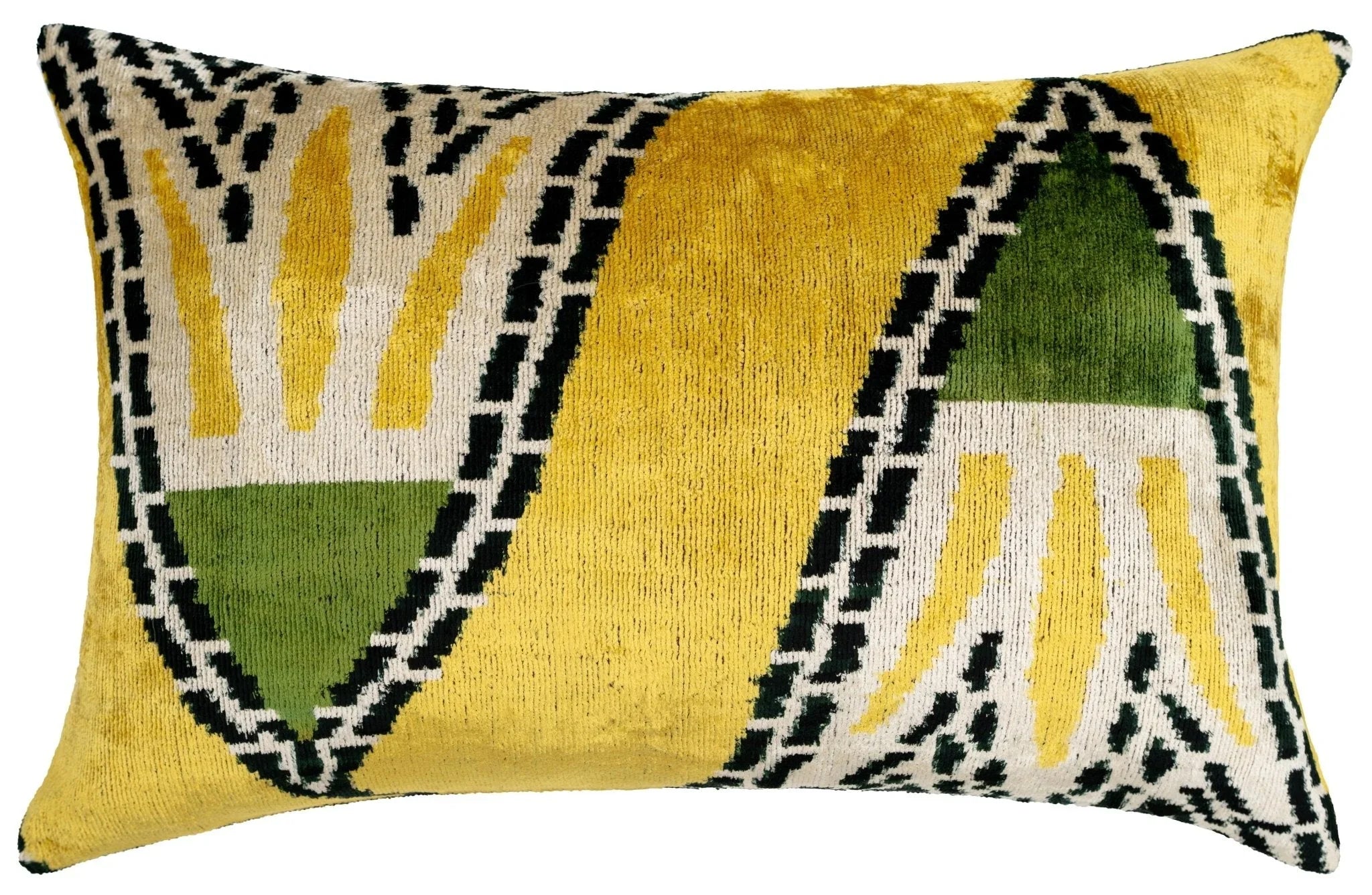 Handmade Gold Green Geometric Design Throw Pillow - 16x24 inch, Vegetable Dyed with Premium Down Feather Insert Canvello