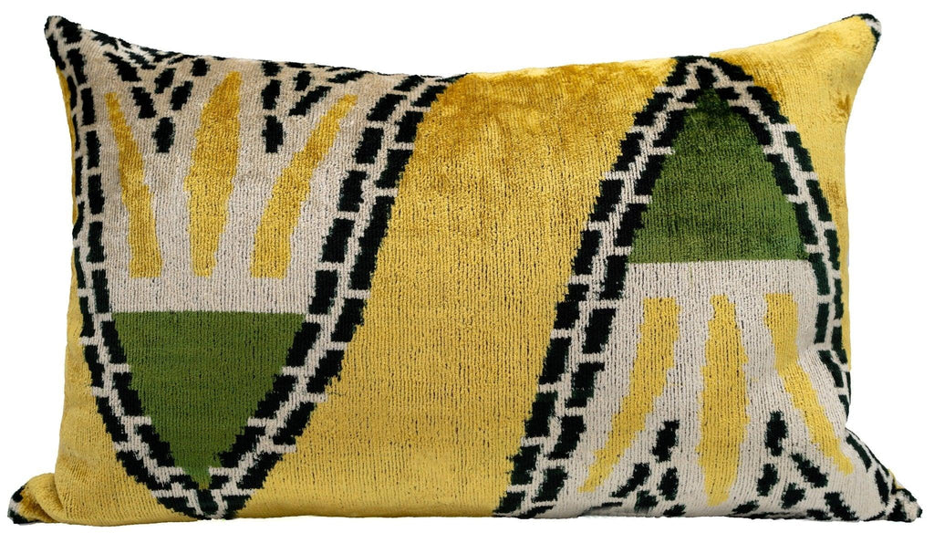 Handmade Gold Green Geometric Design Throw Pillow - 16x24 inch, Vegetable Dyed with Premium Down Feather Insert Canvello