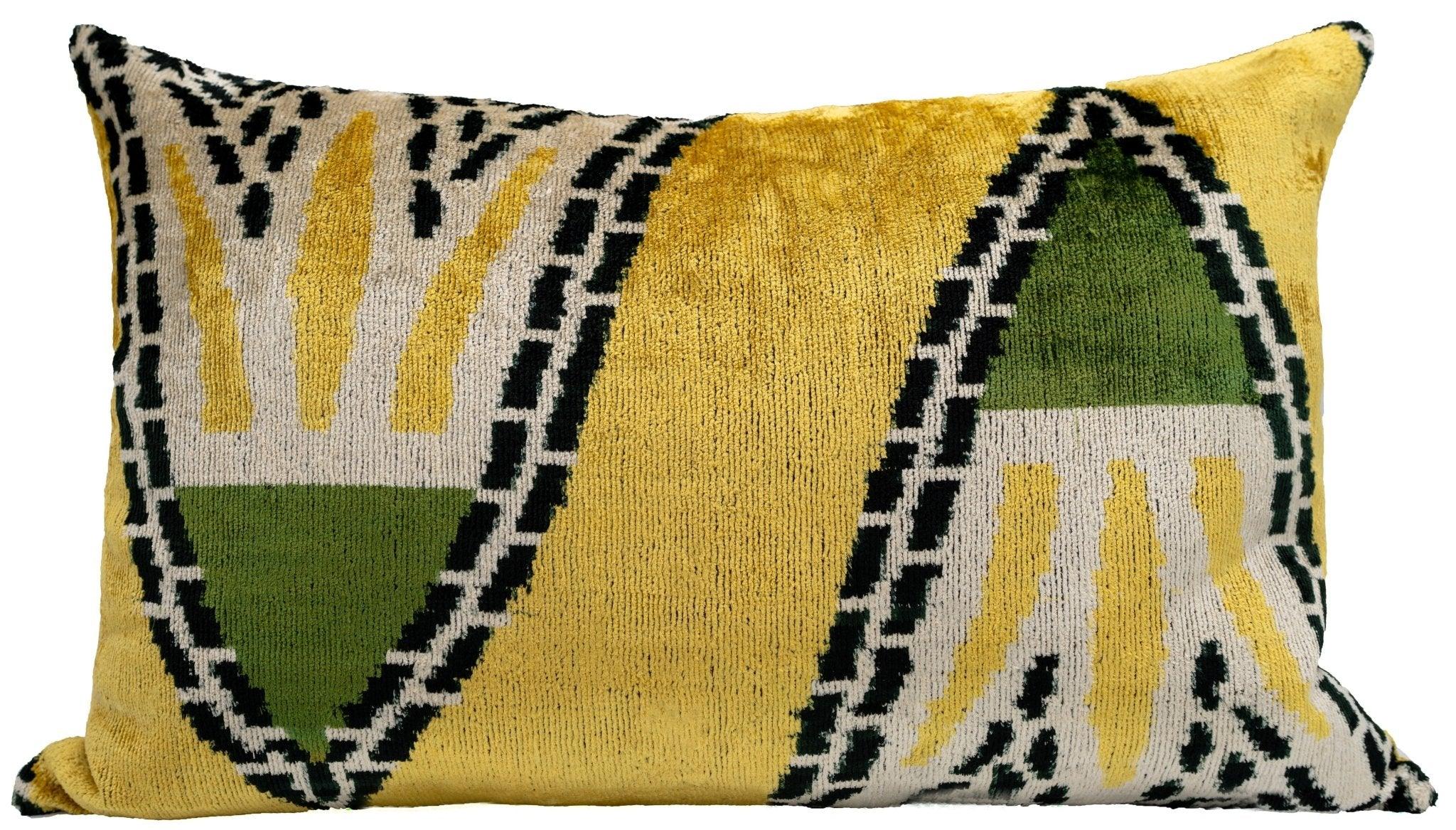 Handmade Gold Green Geometric Design Throw Pillow - 16x24 inch, Vegetable Dyed with Premium Down Feather Insert Canvello