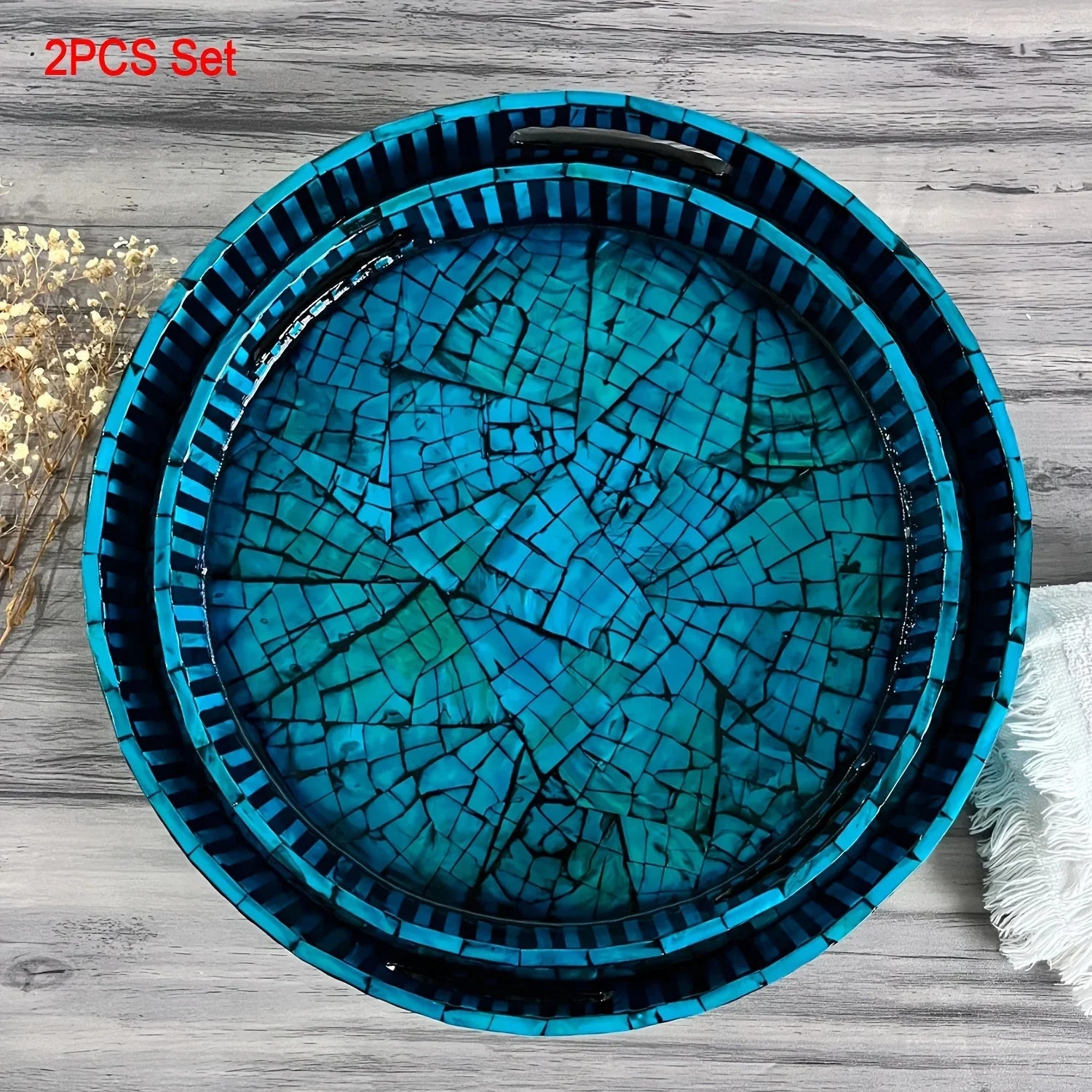 Handmade Mother-of-Pearl 2pcs Set Round Trays - Featuring Mother of Pearl Workmanship, Versatile for Breakfast, Coffee Table Display, Decoration, Tea Time, and Jewelry Storage - Blue House Of Avana