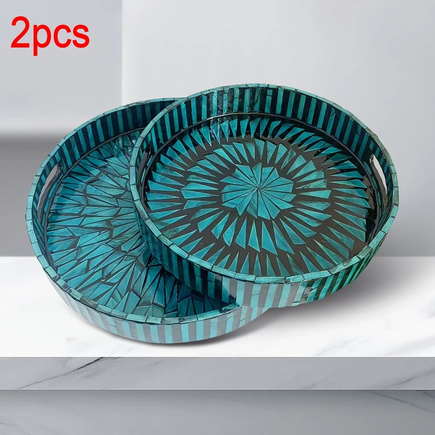 Handmade Mother-of-Pearl 2pcs Set Round Trays - Featuring Mother of Pearl Workmanship, Versatile for Breakfast, Coffee Table Display, Decoration, Tea Time, and Jewelry Storage - Blue House Of Avana
