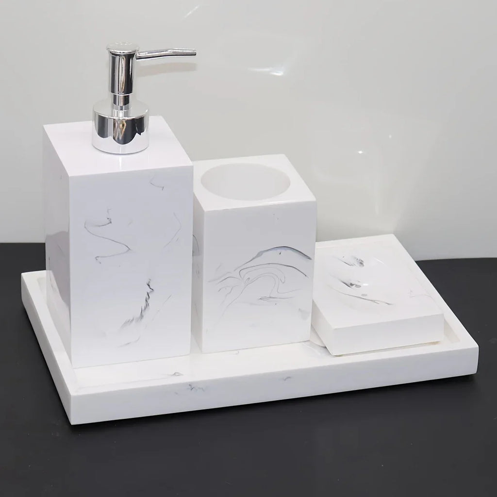 4pcs Nordic Marble Pattern Bathroom Accessory Set, Resin Vanity Tray with Soap Dispenser, Toothbrush Holder, and Soap Dish, Elegant Home Decor Kit for Bathroom, Hotel, Showroom House Of Avana