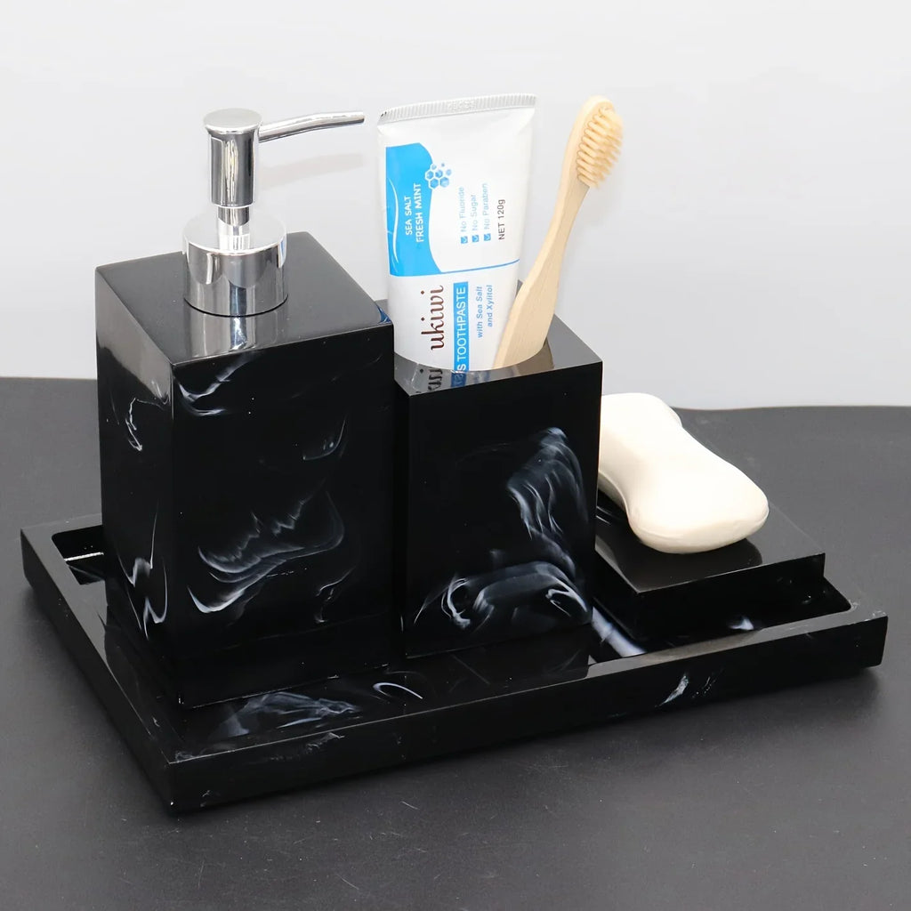 4pcs Nordic Marble Pattern Bathroom Accessory Set, Resin Vanity Tray with Soap Dispenser, Toothbrush Holder, and Soap Dish, Elegant Home Decor Kit for Bathroom, Hotel, Showroom House Of Avana