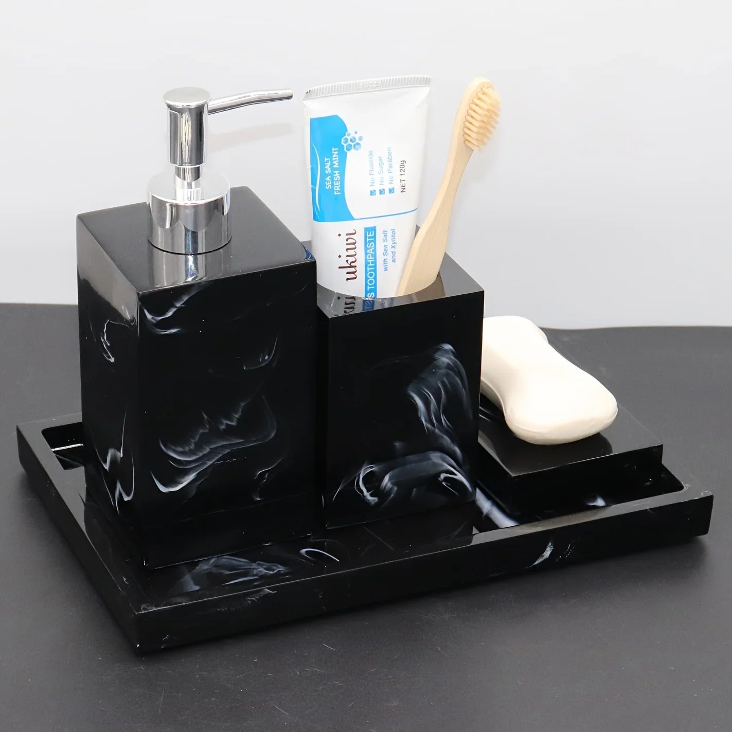 4pcs Nordic Marble Pattern Bathroom Accessory Set, Resin Vanity Tray with Soap Dispenser, Toothbrush Holder, and Soap Dish, Elegant Home Decor Kit for Bathroom, Hotel, Showroom House Of Avana