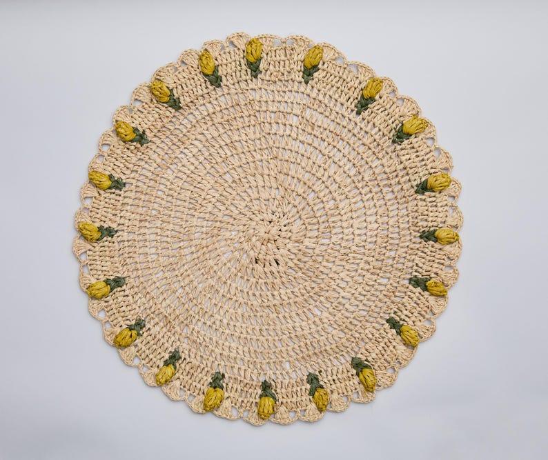 Handmade Tulip Placemat – Raffia Crochet Floral Table Mat – Spring & Easter Table Decor – Artisan Tableware – Boho Dining Accent Payton James