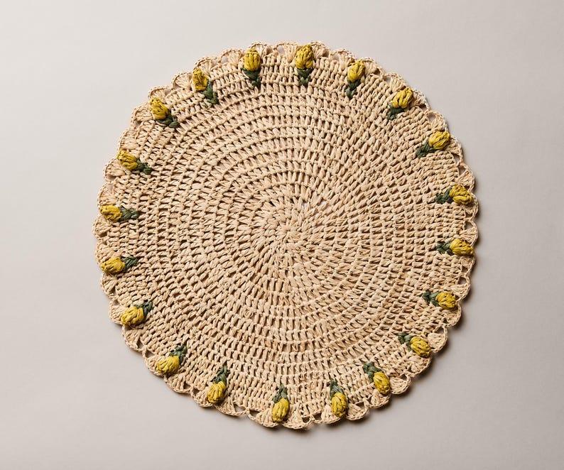 Handmade Tulip Placemat – Raffia Crochet Floral Table Mat – Spring & Easter Table Decor – Artisan Tableware – Boho Dining Accent Payton James