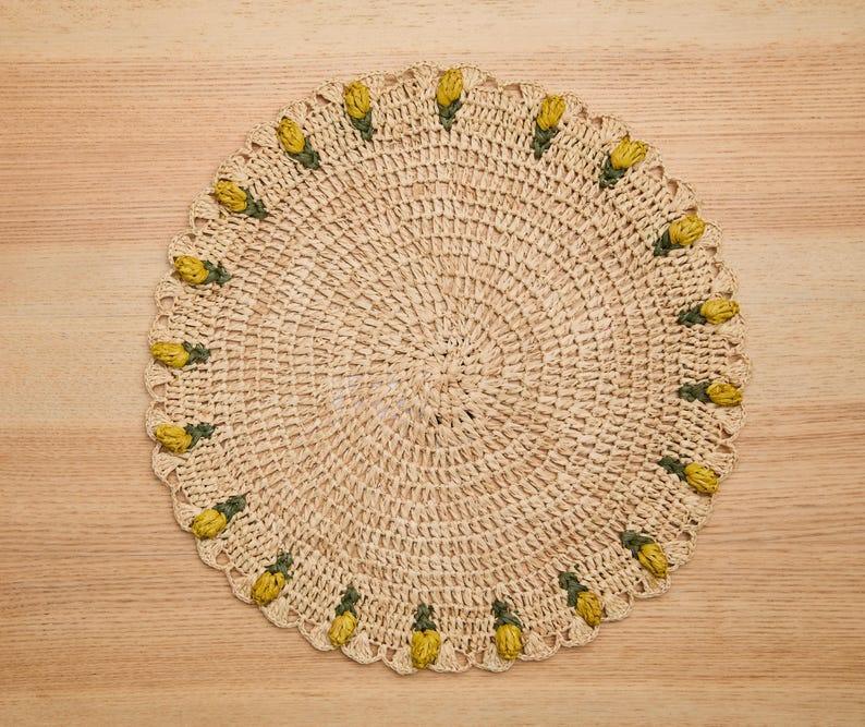 Handmade Tulip Placemat – Raffia Crochet Floral Table Mat – Spring & Easter Table Decor – Artisan Tableware – Boho Dining Accent Payton James