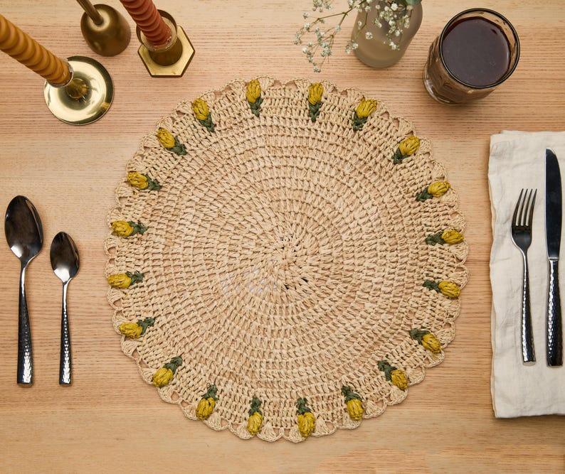 Handmade Tulip Placemat – Raffia Crochet Floral Table Mat – Spring & Easter Table Decor – Artisan Tableware – Boho Dining Accent Payton James