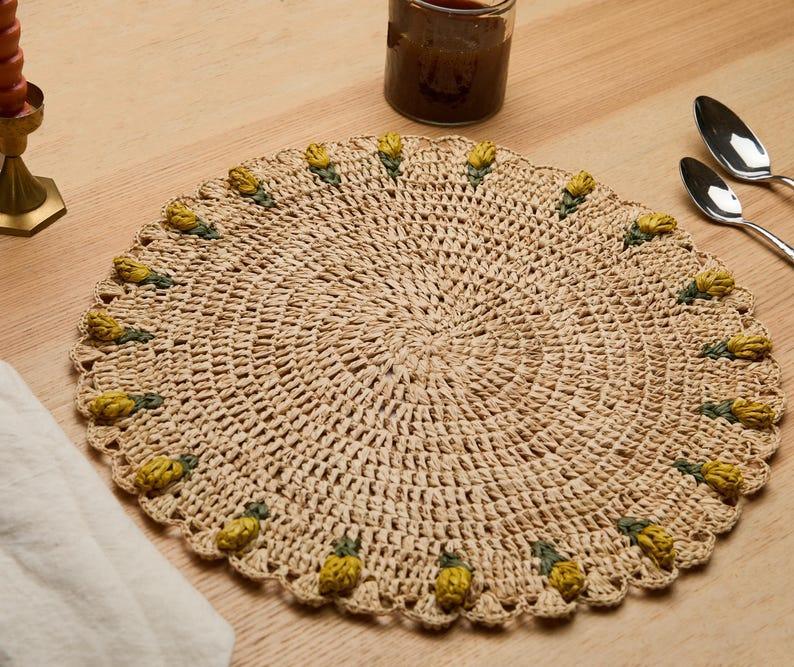 Handmade Tulip Placemat – Raffia Crochet Floral Table Mat – Spring & Easter Table Decor – Artisan Tableware – Boho Dining Accent Payton James