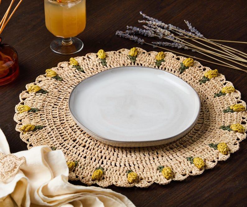Handmade Tulip Placemat – Raffia Crochet Floral Table Mat – Spring & Easter Table Decor – Artisan Tableware – Boho Dining Accent Payton James