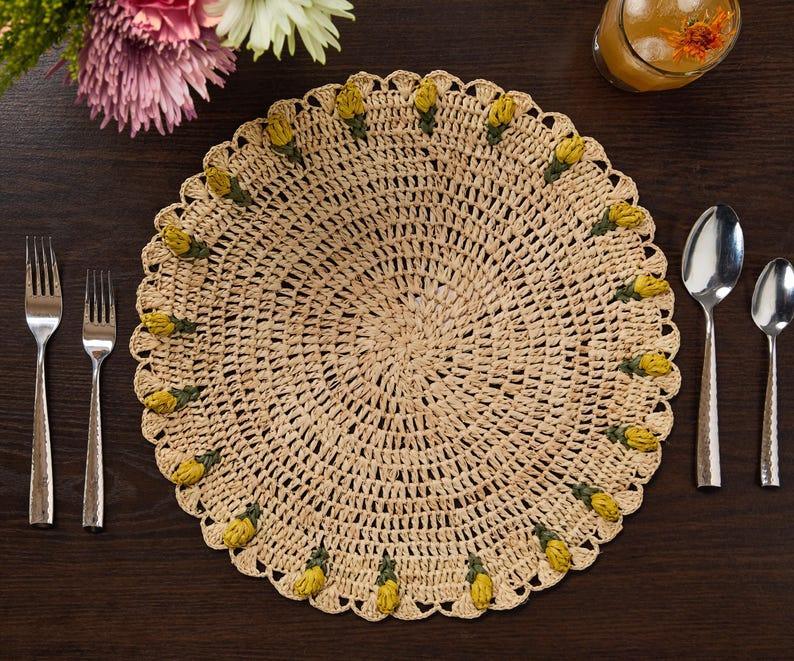 Handmade Tulip Placemat – Raffia Crochet Floral Table Mat – Spring & Easter Table Decor – Artisan Tableware – Boho Dining Accent Payton James