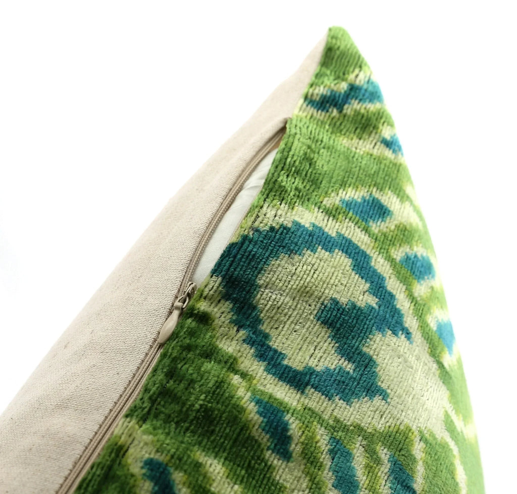 Handmade Velvet Throw Pillow with Green and Teal Ikat Design - High-Quality 20x20 Inch Decorative Accent with Premium Down Feather Insert Canvello