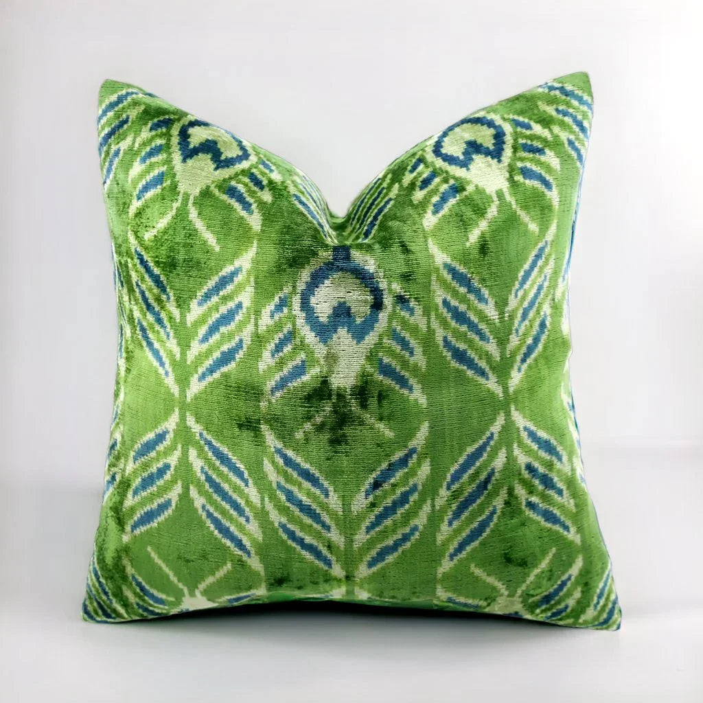 Handmade Velvet Throw Pillow with Green and Teal Ikat Design - High-Quality 20x20 Inch Decorative Accent with Premium Down Feather Insert Canvello
