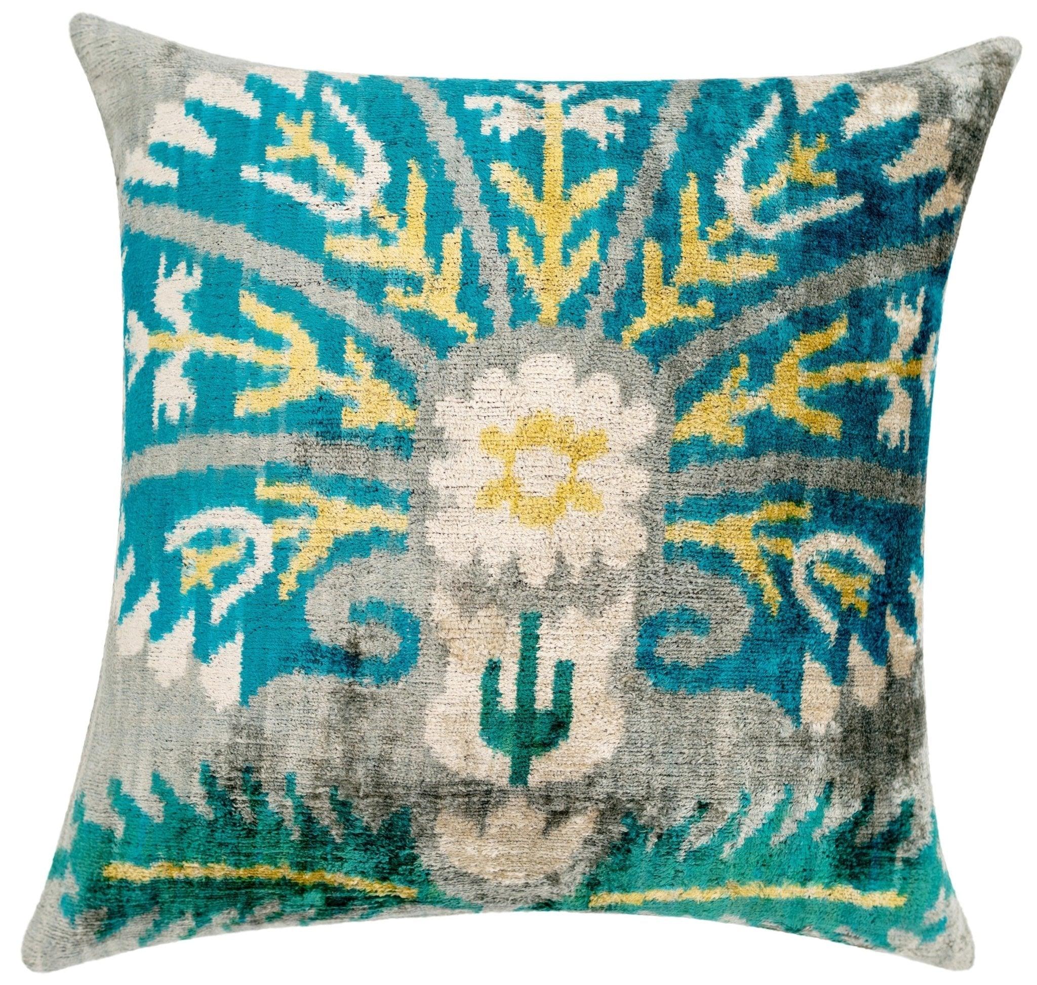 Handmade Velvet Throw Pillow with Turquoise and Yellow Ikat Design - High-Quality 20x20 Inch Decorative Accent with Premium Down Feather Insert Canvello