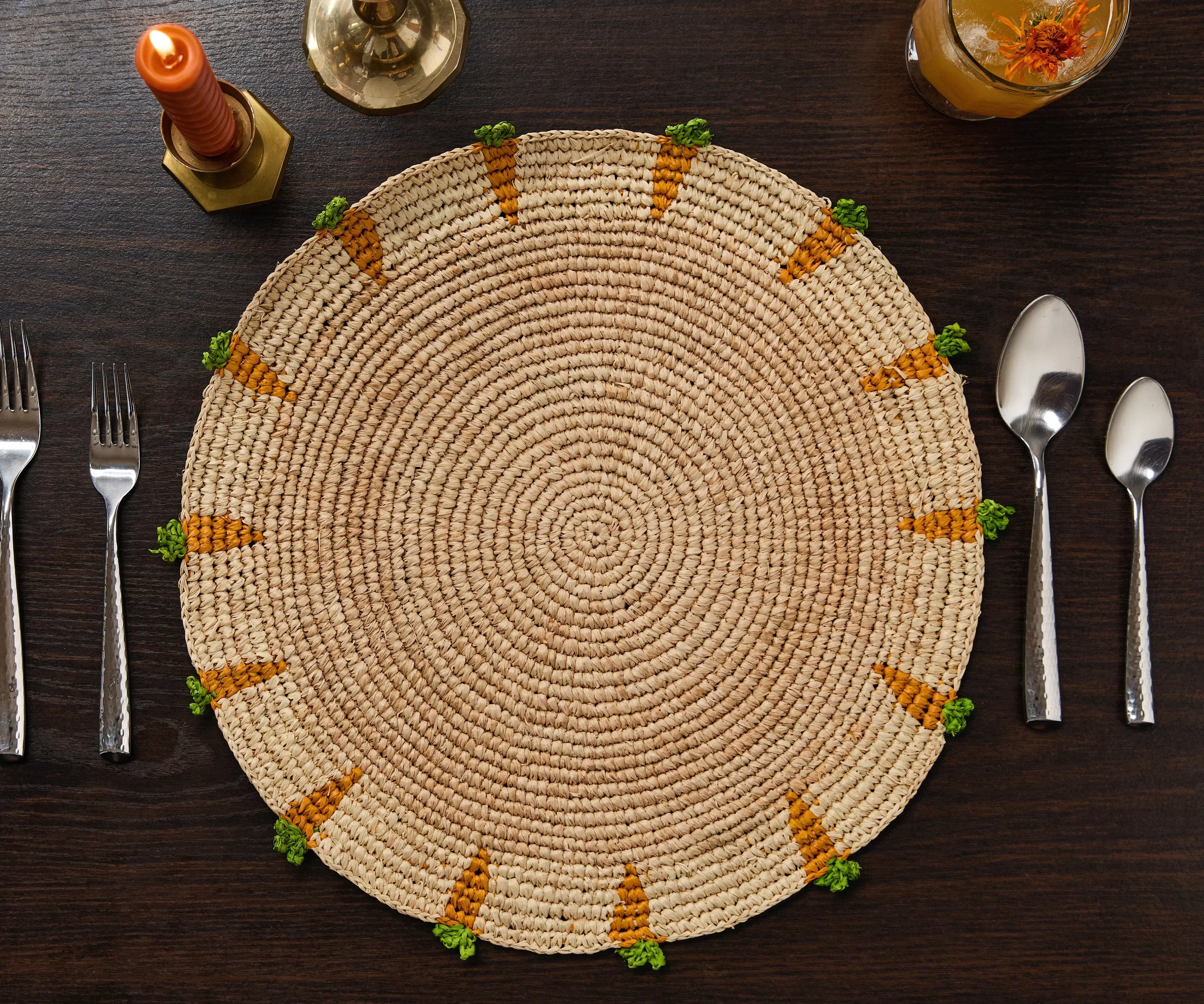 Handwoven Carrot Round Raffia Placemat – Artisan Table Décor Payton James