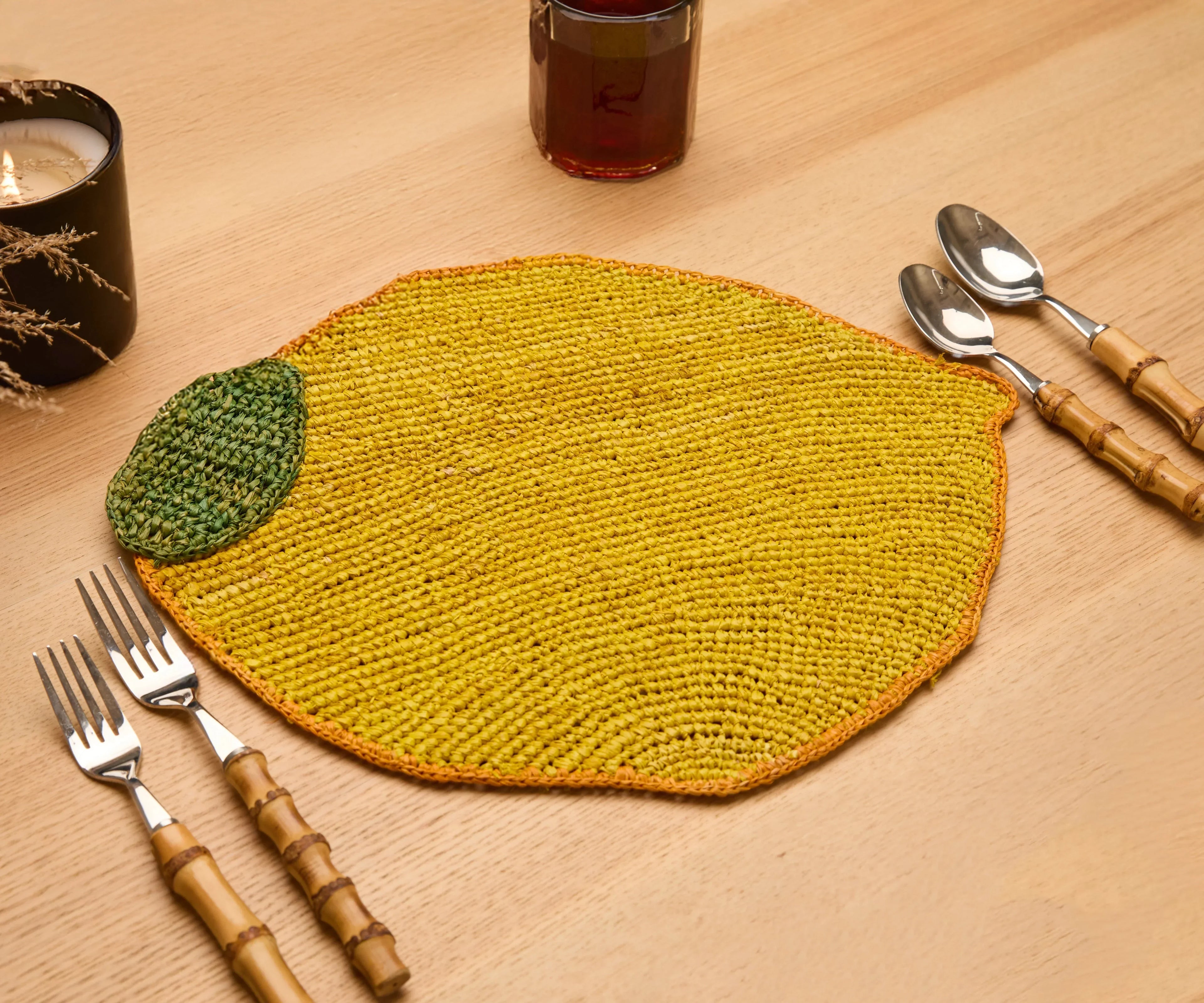 Handwoven Lemon Placemat – Raffia Fruit Shaped Table Mat, Summer Table Decor Payton James