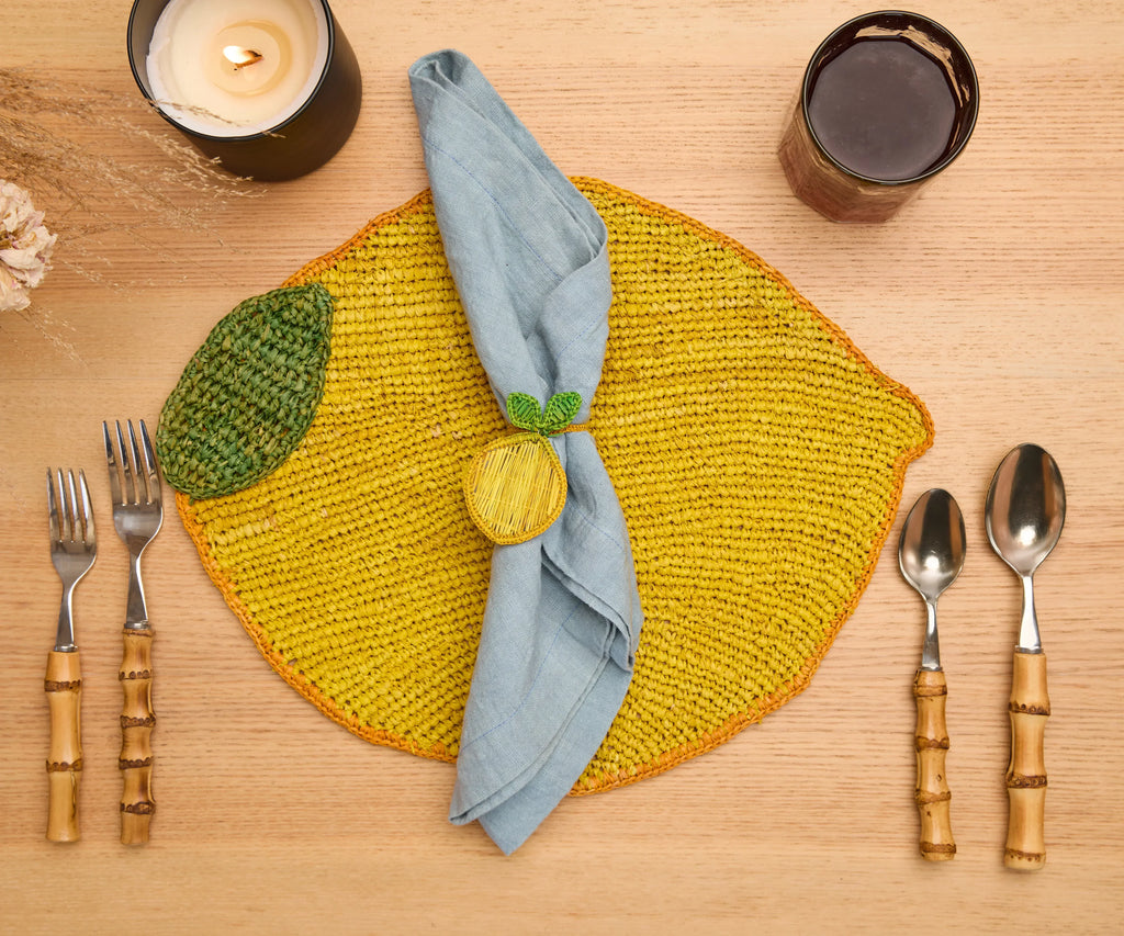Handwoven Lemon Placemat – Raffia Fruit Shaped Table Mat, Summer Table Decor Payton James