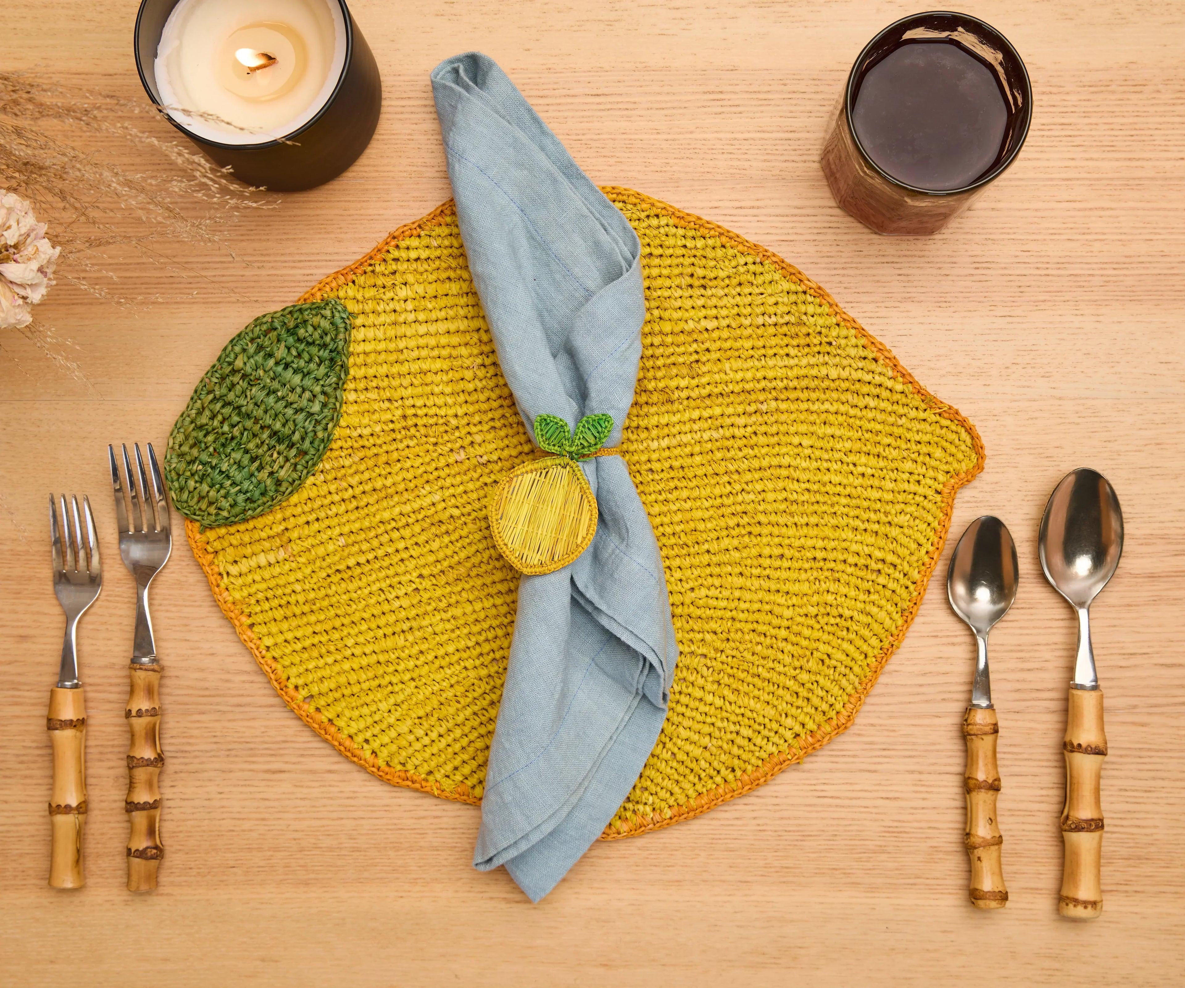Handwoven Lemon Placemat – Raffia Fruit Shaped Table Mat, Summer Table Decor Payton James
