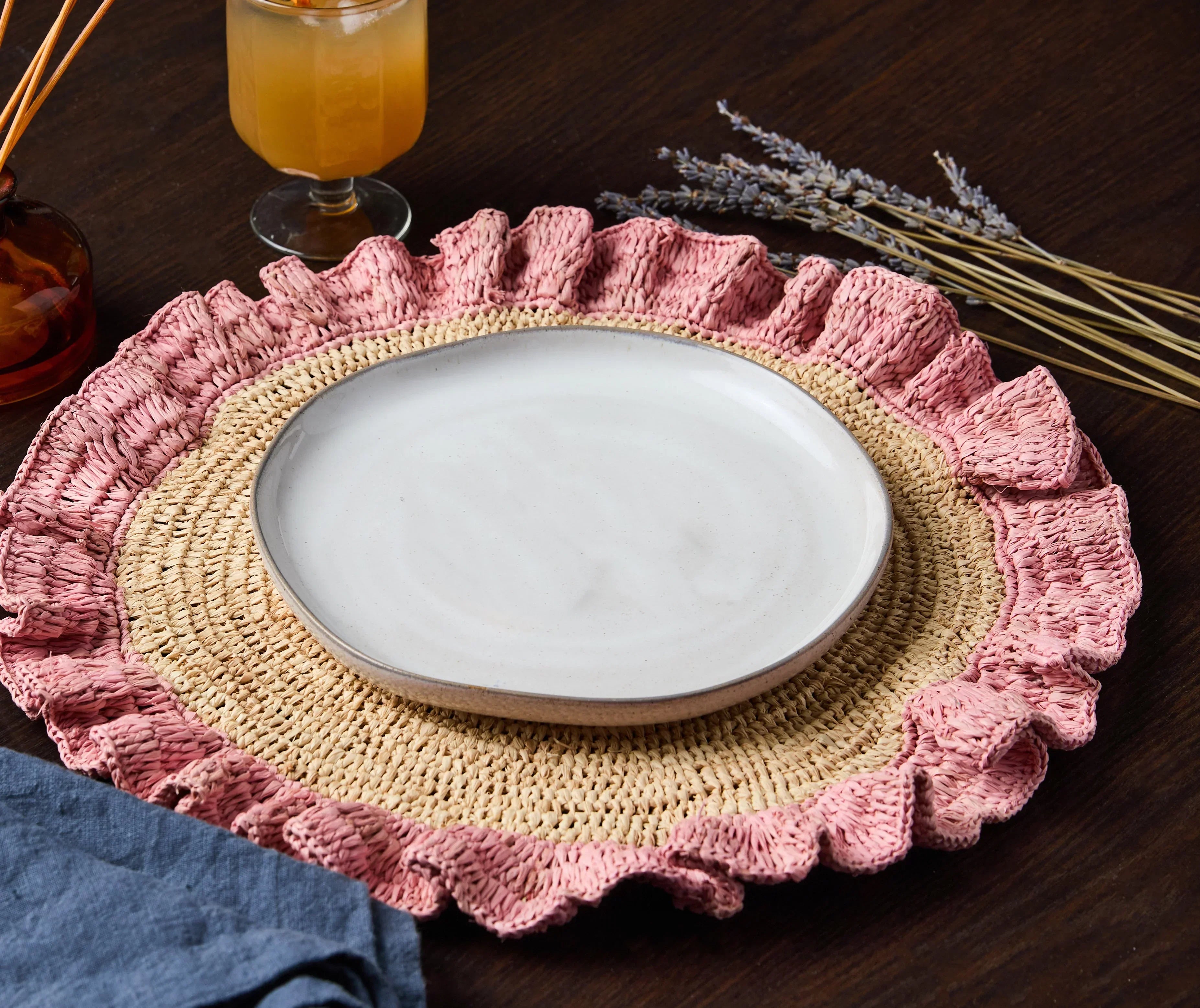 Handwoven Raffia Ruffle Placemat – Boho Chic Table Décor – Summer Table Accent Payton James
