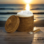 Handwoven Vintage Rattan Ice Bucket with Tongs and Lid Vintage Shopper