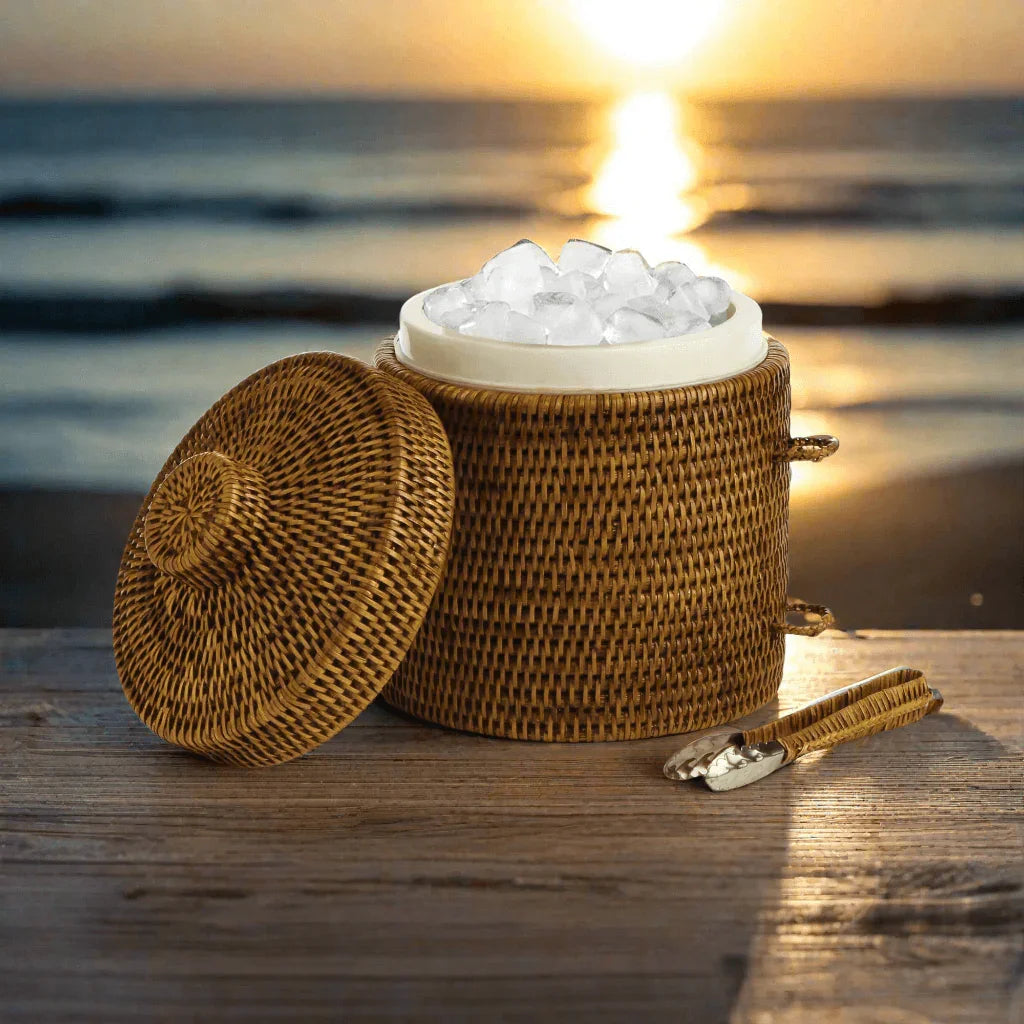Handwoven Vintage Rattan Ice Bucket with Tongs and Lid Vintage Shopper