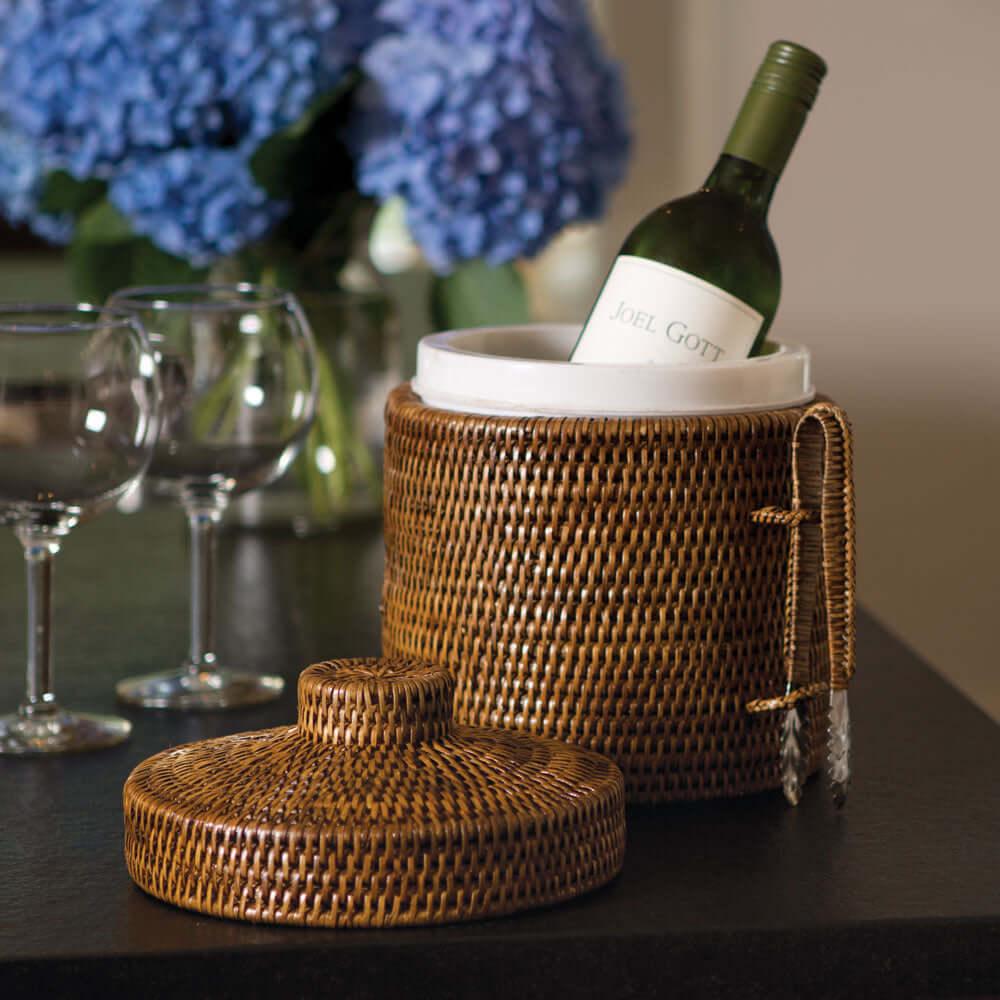 Handwoven Vintage Rattan Ice Bucket with Tongs and Lid Vintage Shopper
