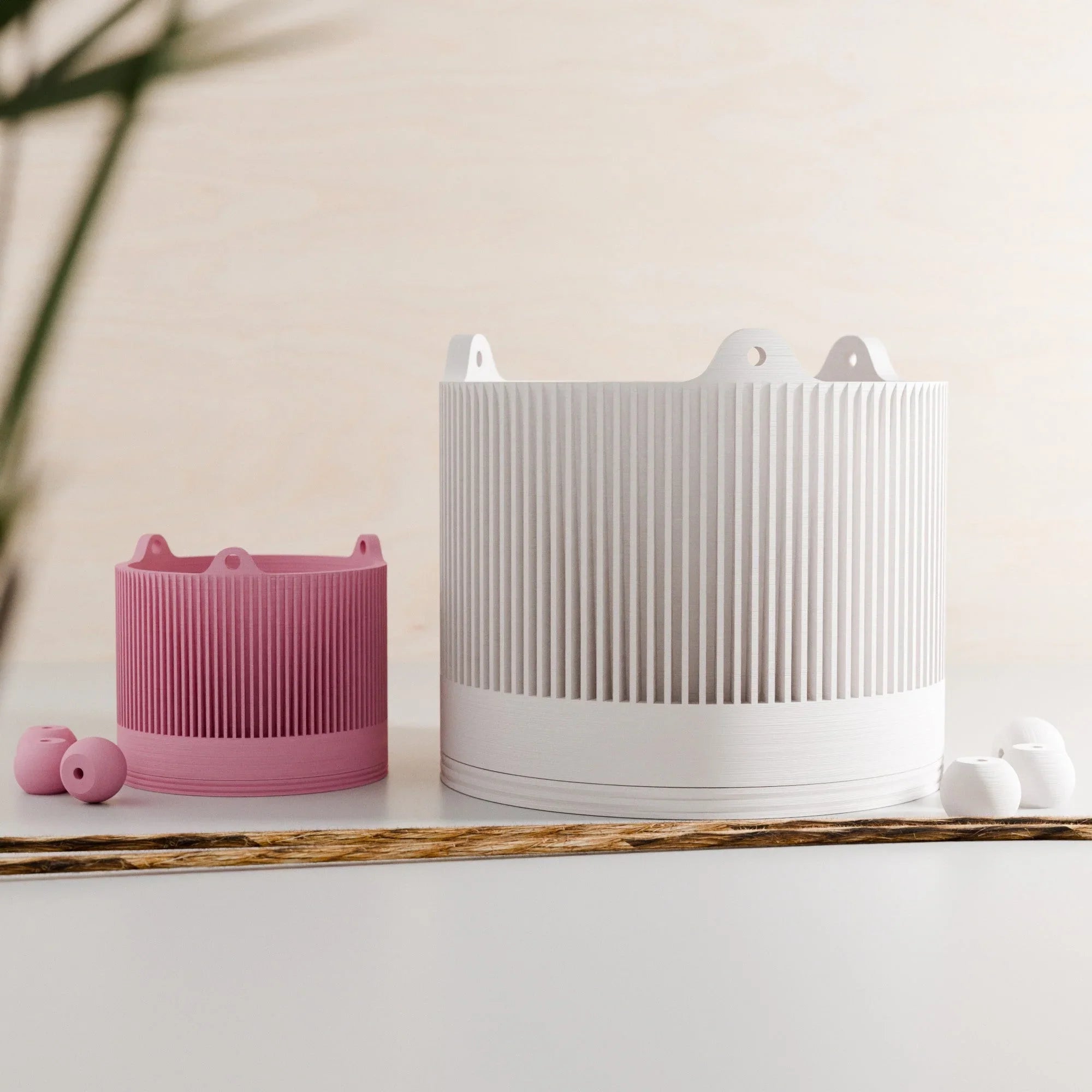 White ceramic hanging planter with sakura design, wooden hanger - House of Avana