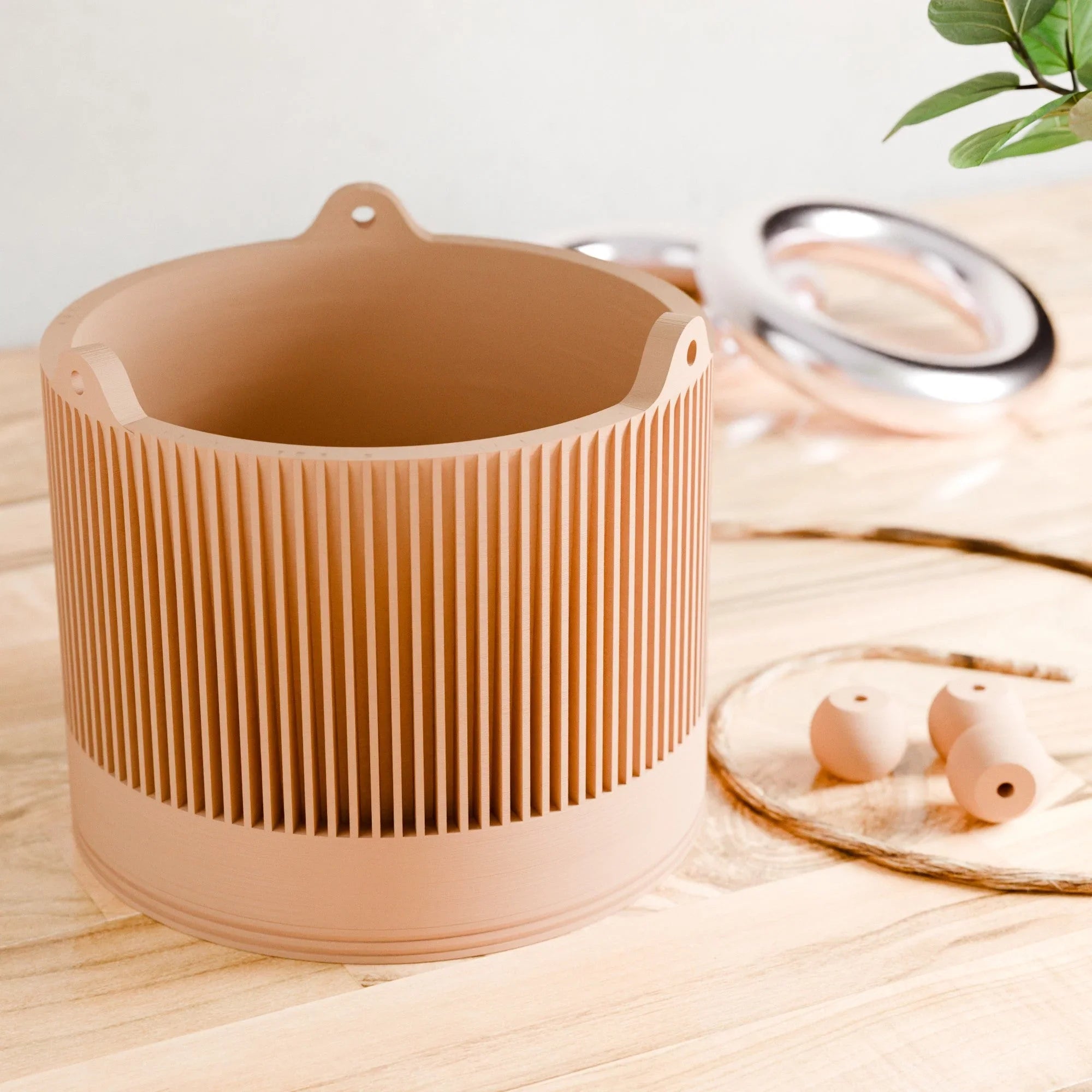 White ceramic hanging planter with sakura design, wooden hanger - House of Avana