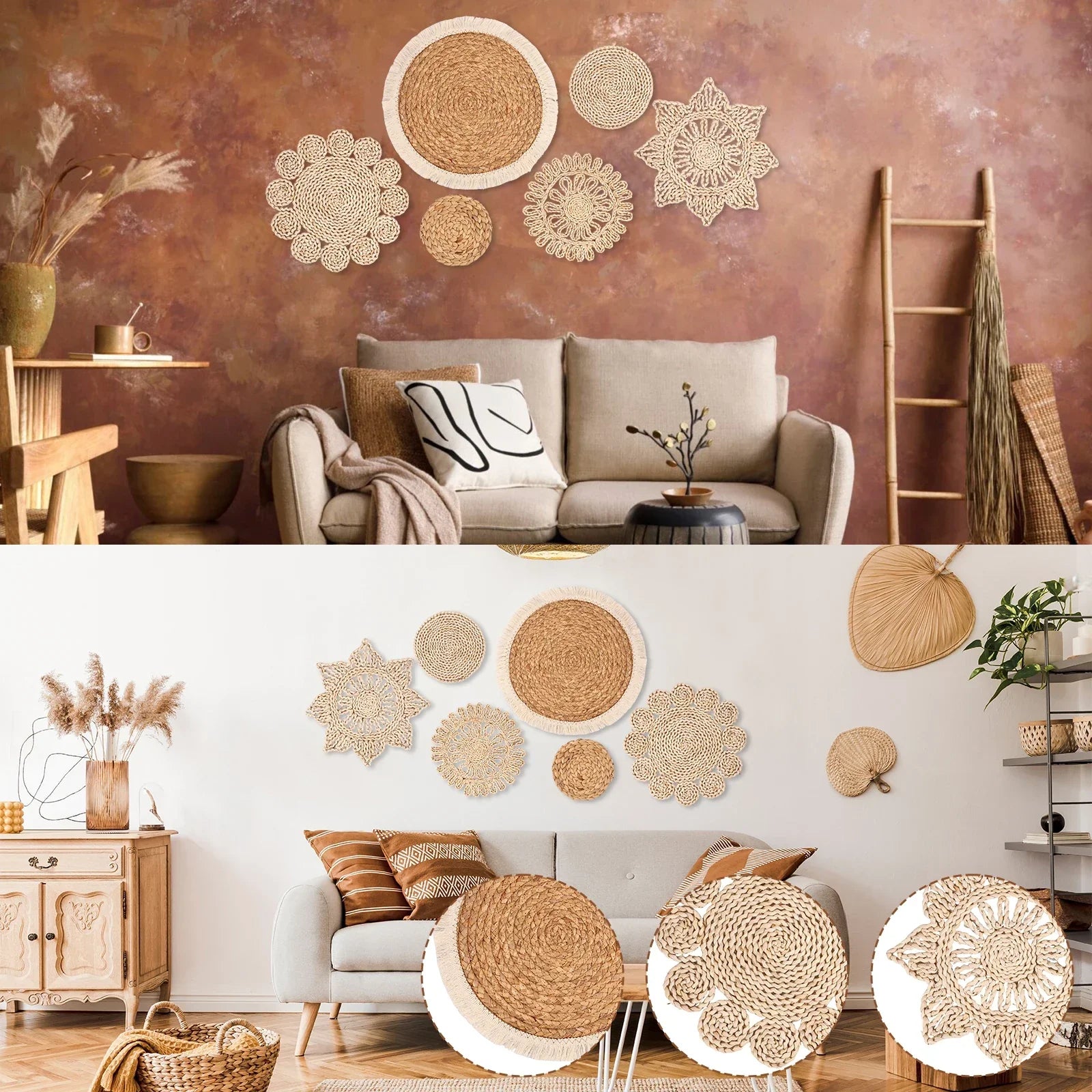 6Pcs Hanging Woven Wall Basket Set Handcrafted Corn Husk Baskets Decorative Woven Basket Wall Decor Rustic Wall Basket Decor Set - House Of Avana