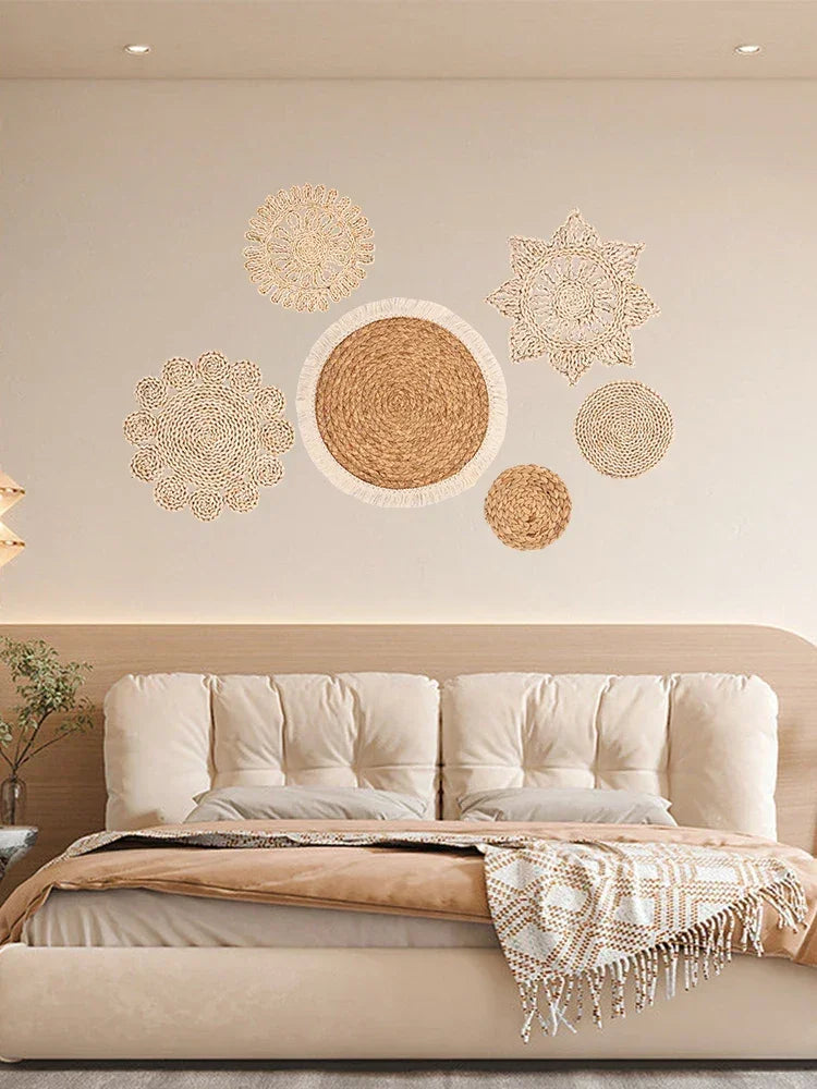 6Pcs Hanging Woven Wall Basket Set Handcrafted Corn Husk Baskets Decorative Woven Basket Wall Decor Rustic Wall Basket Decor Set - House Of Avana