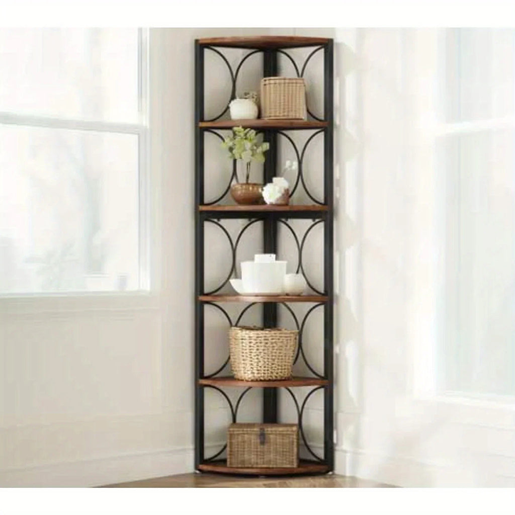 [Rustic Corner Bookshelf] Rustic 67-Inch Tall 6-Tier Corner Bookshelf | Hardwood & Metal Storage Shelves for Living Room, Kitchen, Home Office - Space-Saving Organizer, Easy Assembly, Plant Stand & Decorative Shelf, Bookshelf House Of Avana