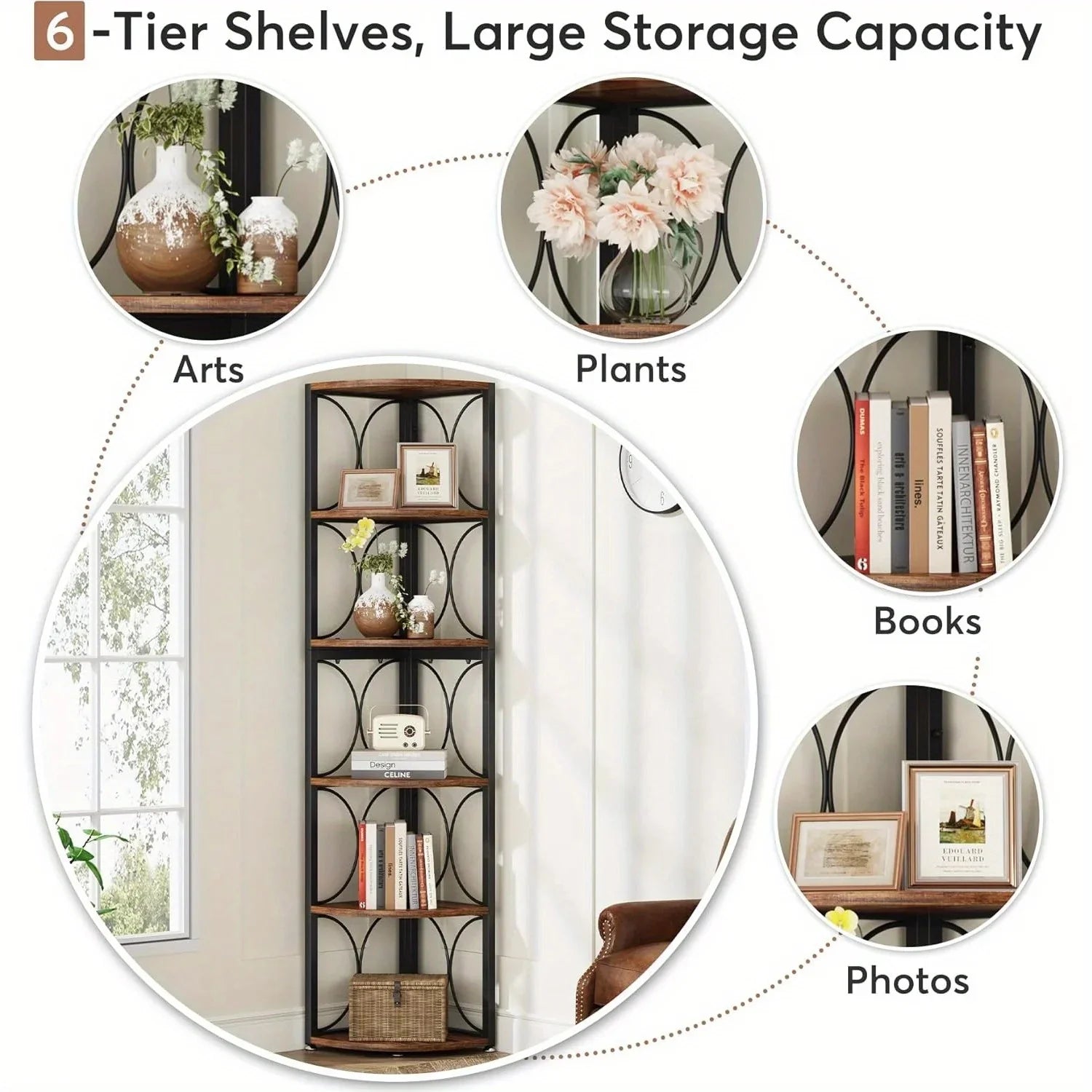 [Rustic Corner Bookshelf] Rustic 67-Inch Tall 6-Tier Corner Bookshelf | Hardwood & Metal Storage Shelves for Living Room, Kitchen, Home Office - Space-Saving Organizer, Easy Assembly, Plant Stand & Decorative Shelf, Bookshelf House Of Avana