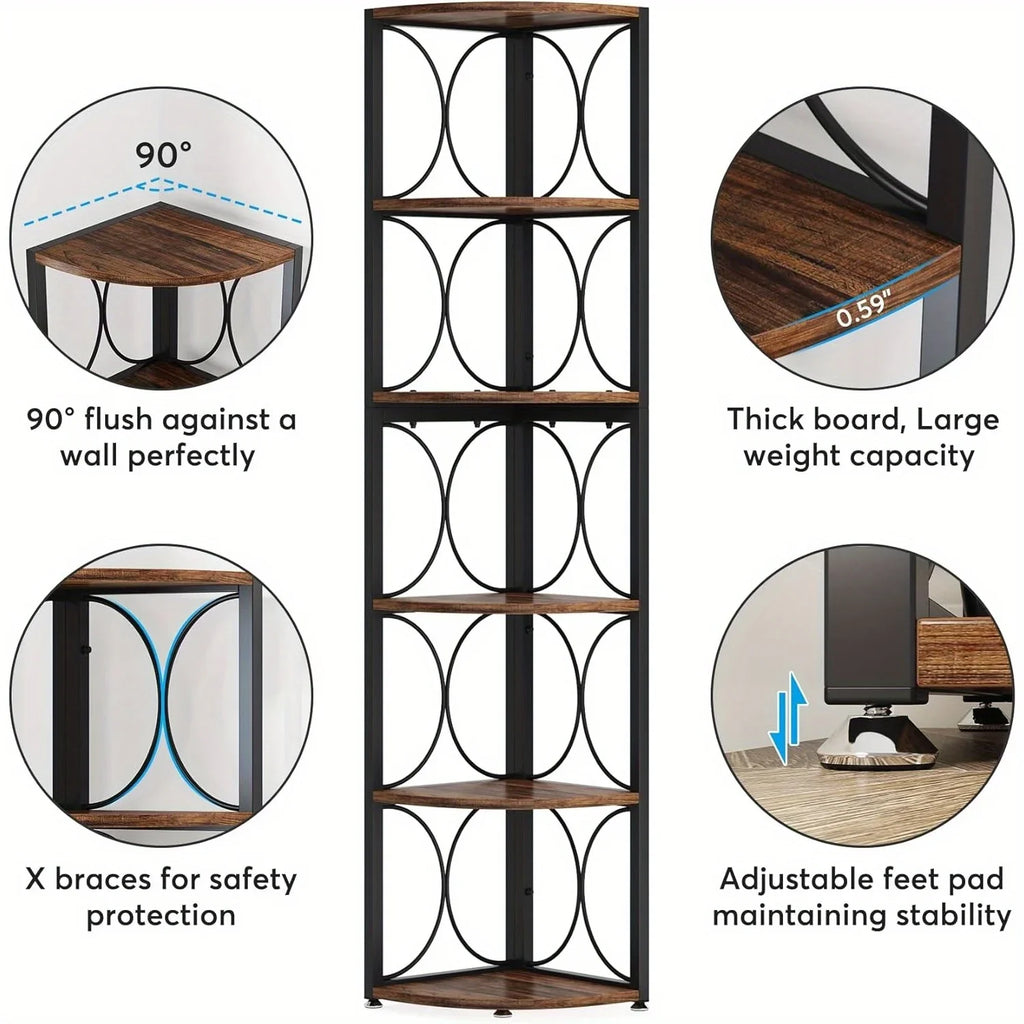 [Rustic Corner Bookshelf] Rustic 67-Inch Tall 6-Tier Corner Bookshelf | Hardwood & Metal Storage Shelves for Living Room, Kitchen, Home Office - Space-Saving Organizer, Easy Assembly, Plant Stand & Decorative Shelf, Bookshelf House Of Avana