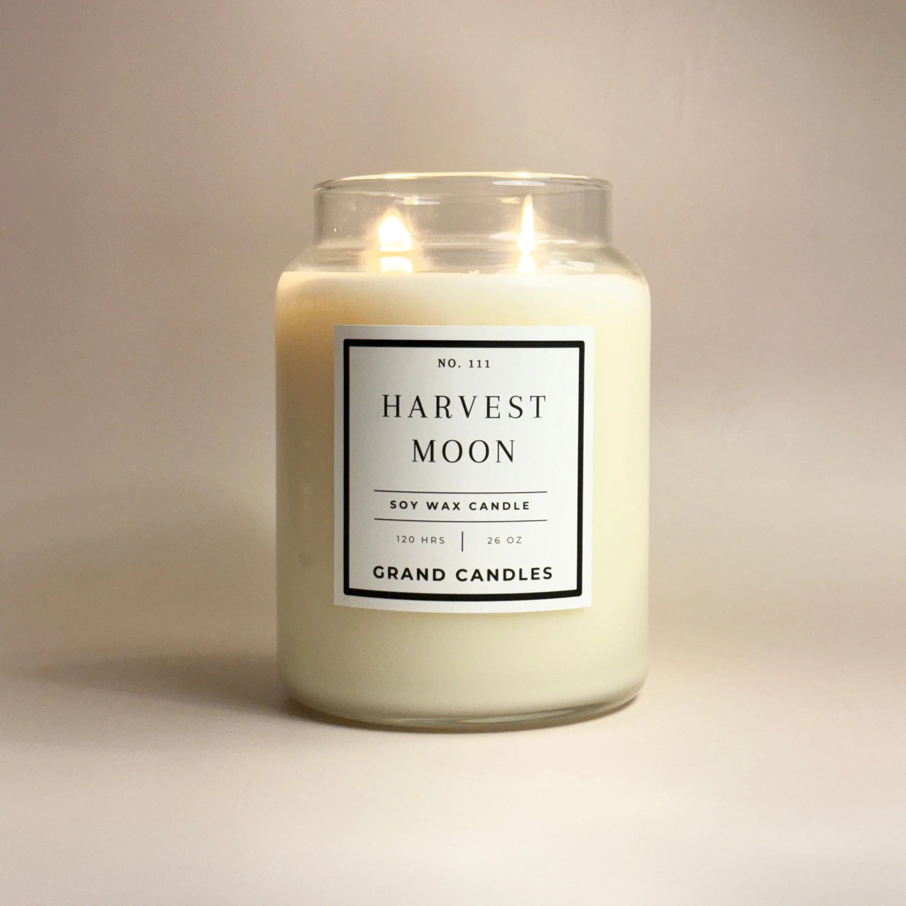 Warm beige Harvest Moon Candle, apothecary glass holder, soft glow - House of Avana