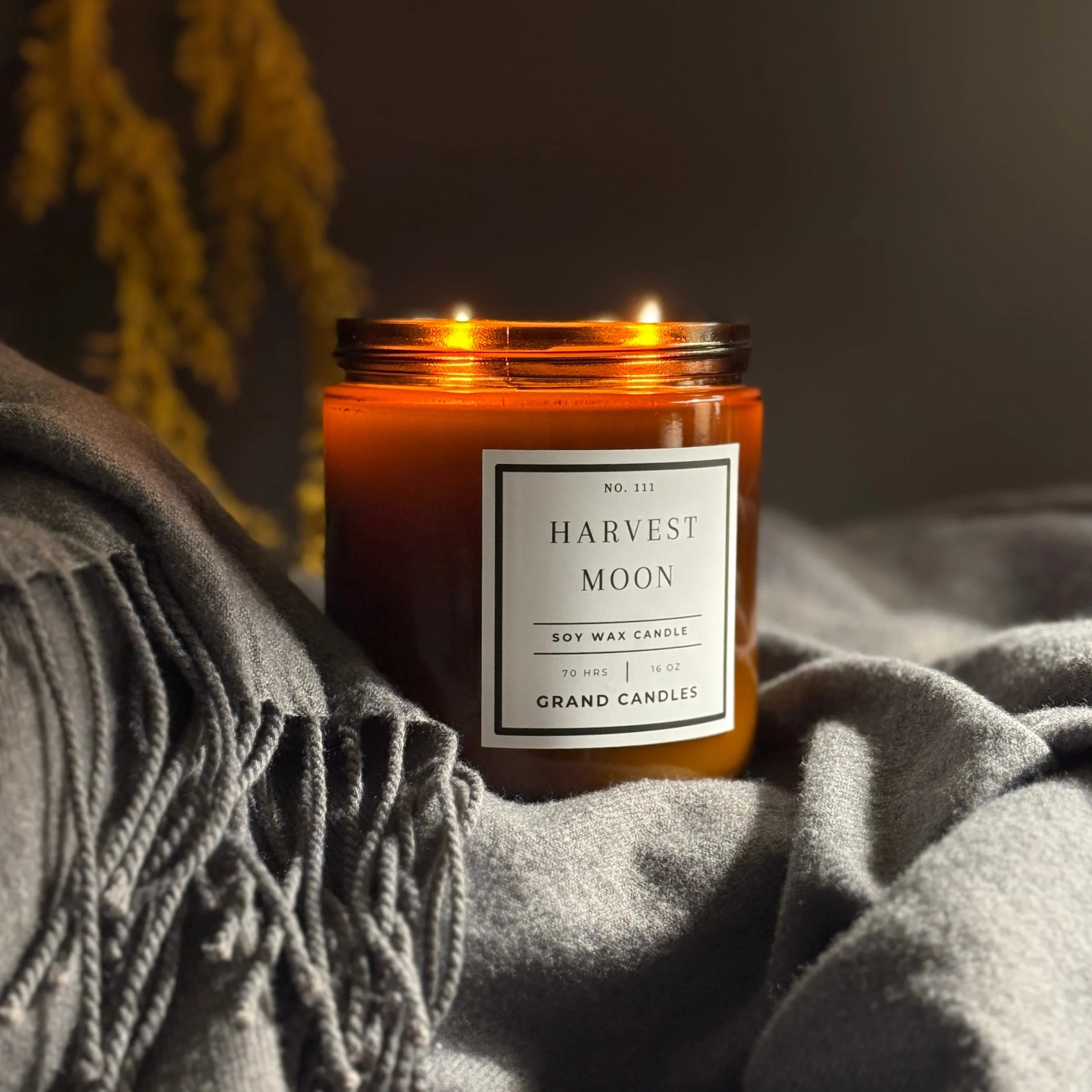 Warm beige Harvest Moon Candle, apothecary glass holder, soft glow - House of Avana