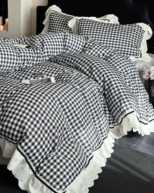 Hazel Vintage Gingham Ruffle Bedding Set / Black Ever Lasting