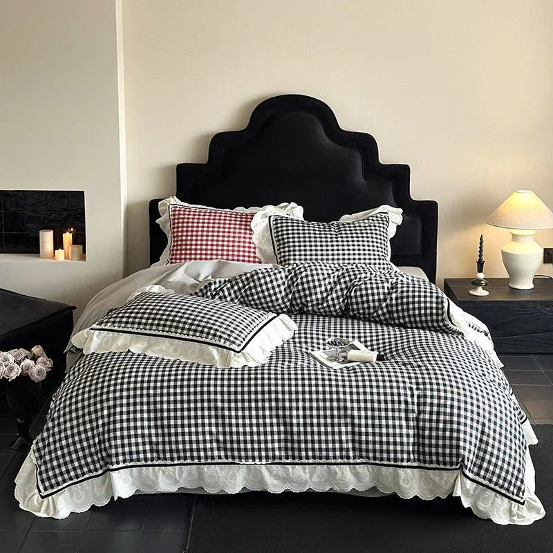 Hazel Vintage Gingham Ruffle Bedding Set / Black Ever Lasting