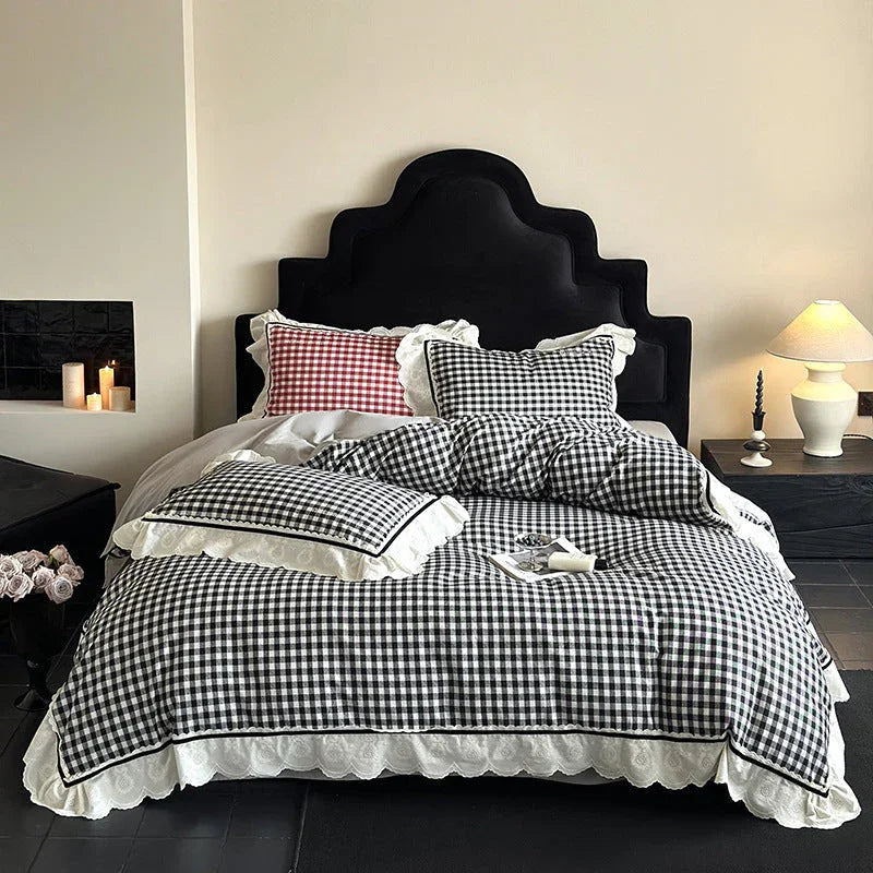 Hazel Vintage Gingham Ruffle Bedding Set / Black Ever Lasting