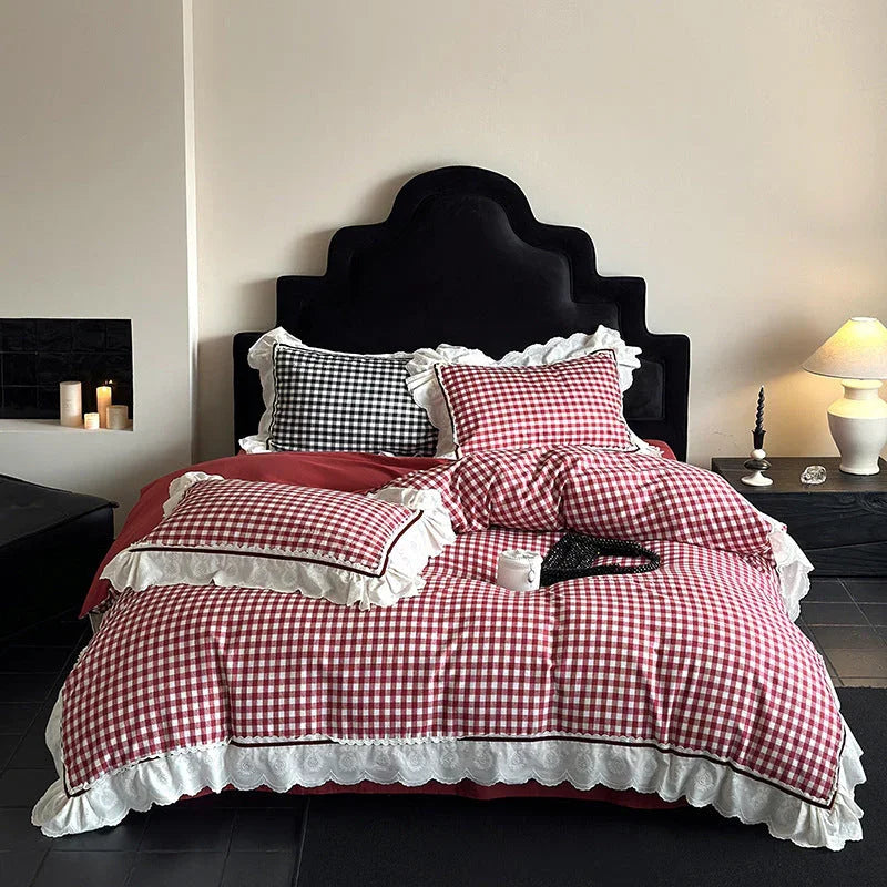 Hazel Vintage Gingham Ruffle Bedding Set / Black Ever Lasting