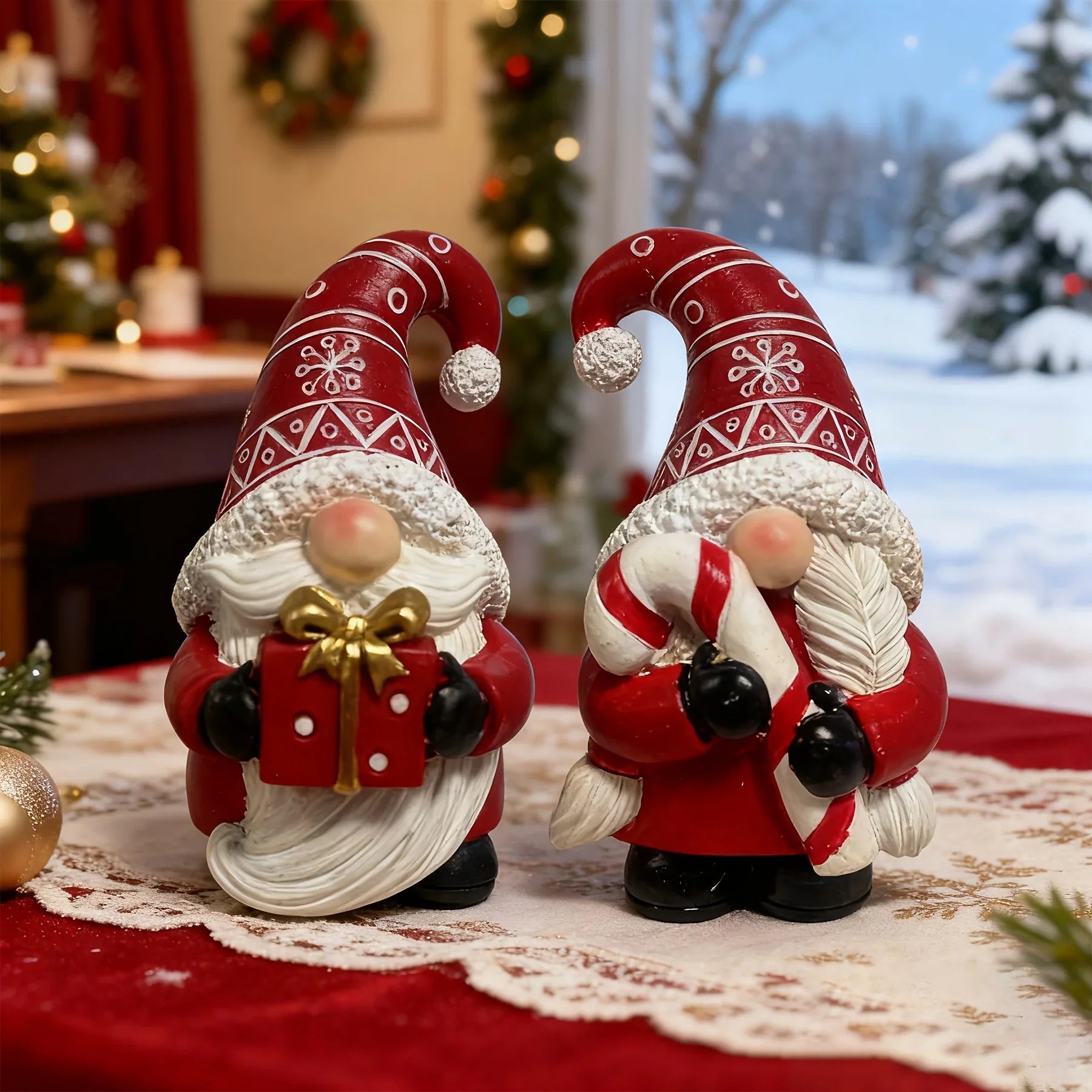 Heart-Shaped Gnome Figurine - Resin Christmas Decoration with Red & White Gnomes, Black Outstretched Arms & White Beard - Indoor/Outdoor Holiday Decor, Tabletop Centerpiece, Cottage-Style Ornament (No Feathers/Snow/Laser) House Of Avana