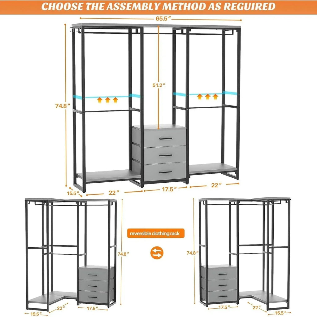 Heavy Duty Black Grey Freestanding Garment Rack Closet Wardrobe with 3 Drawers