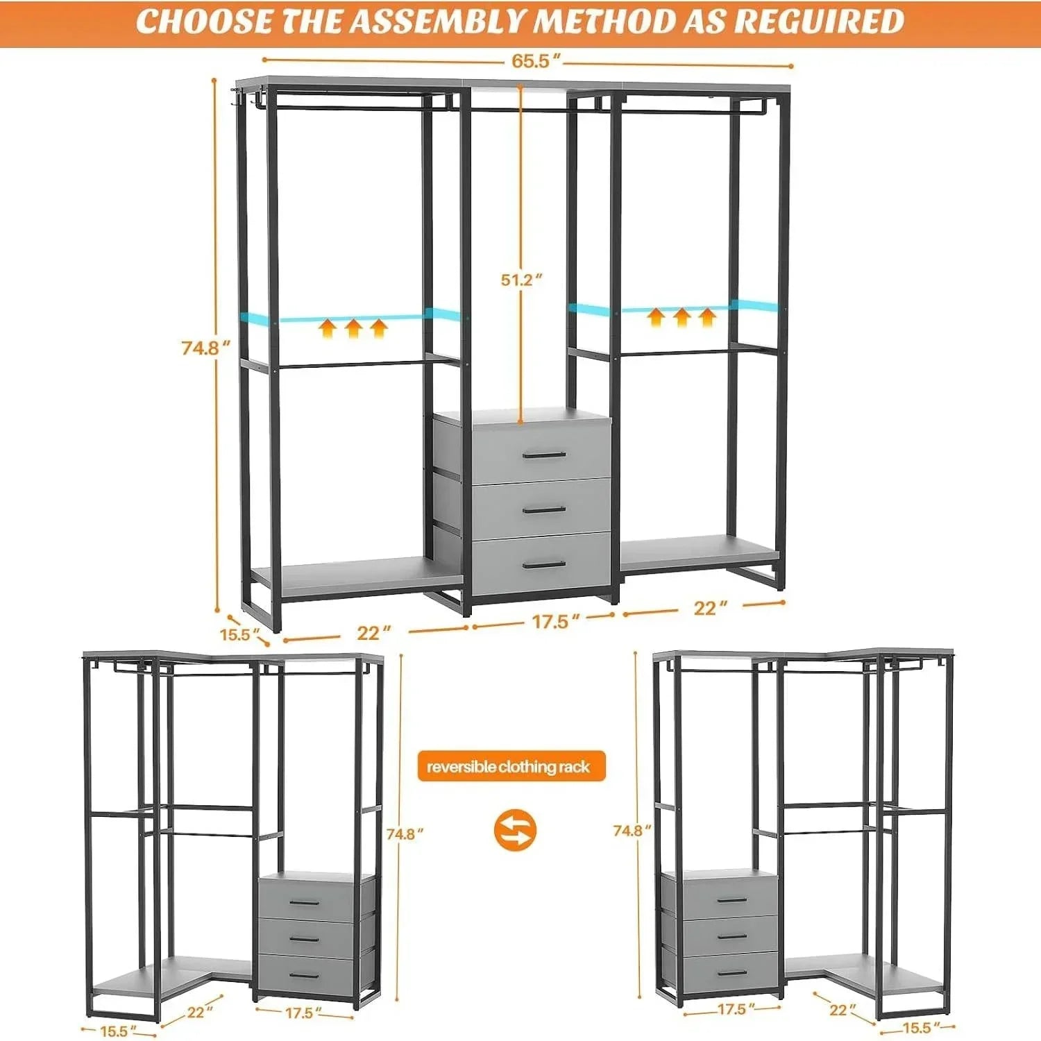 Heavy Duty Black Grey Freestanding Garment Rack Closet Wardrobe with 3 Drawers