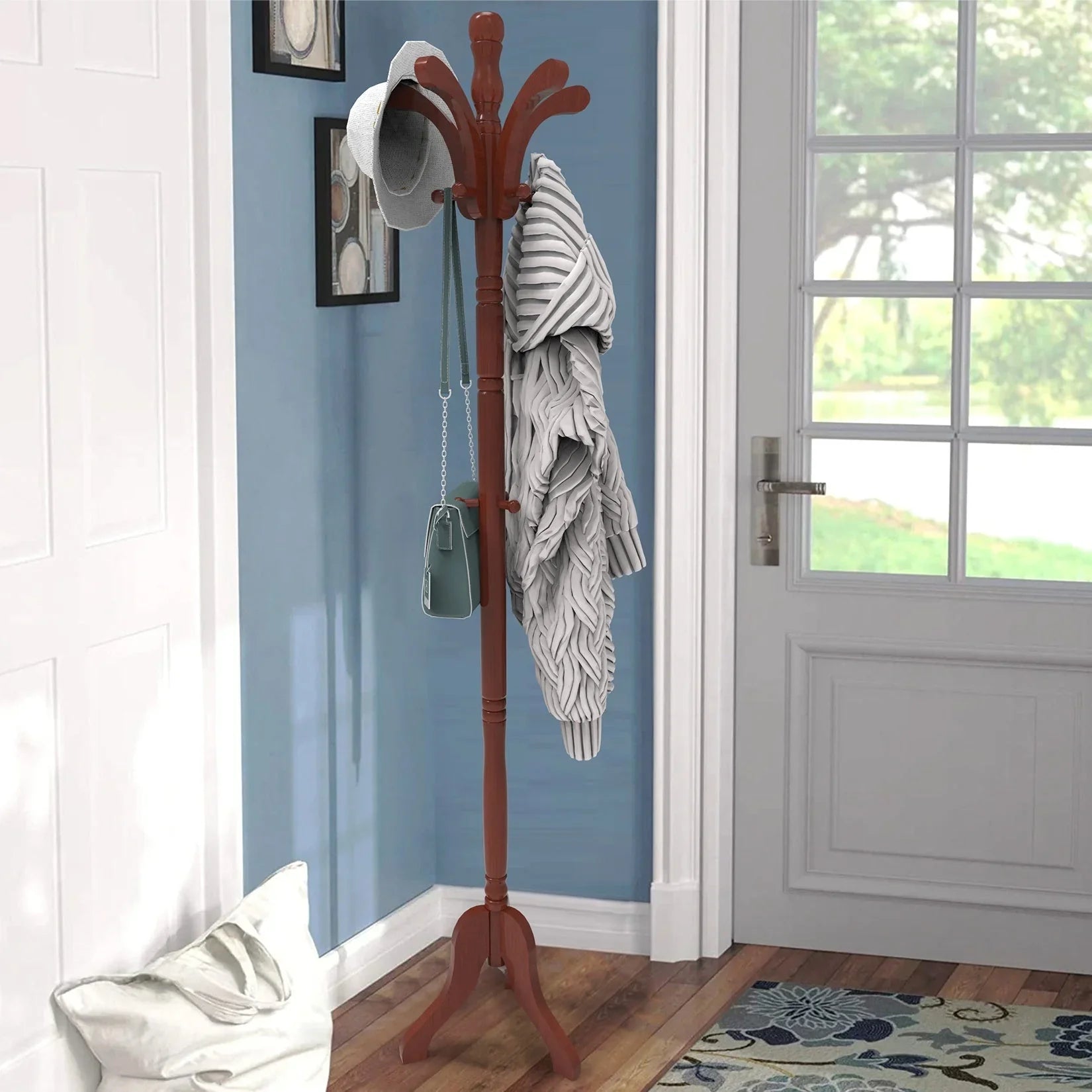 176.5cm H Hall Tree Free Standing Coat Rack Entryway Coat Stand with 13 Hooks Height Adjustable Garment Hanger Stand Stable Triangle Legged Base House Of Avana