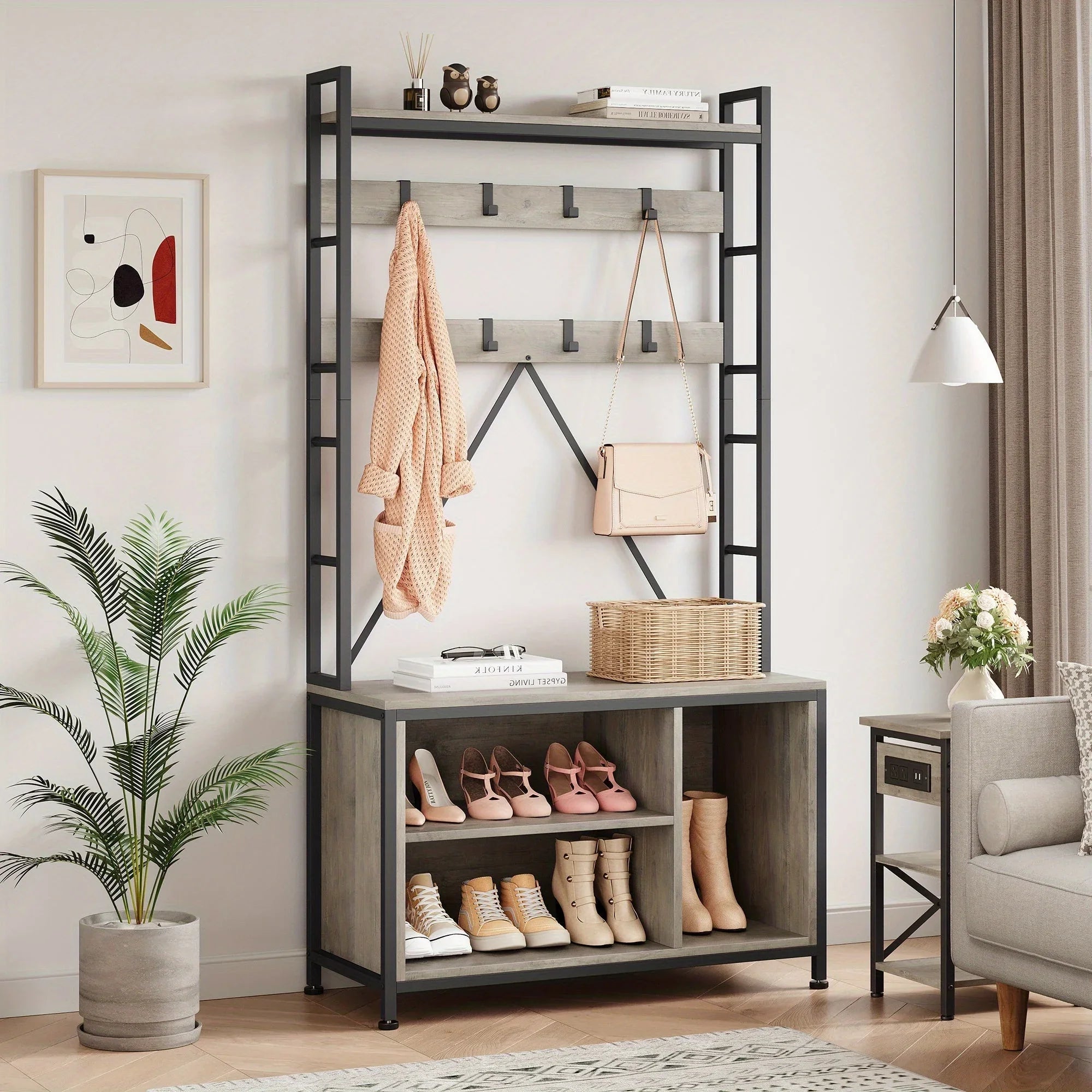 Heavy-Duty Hall Tree with Bench - 5-in-1 Entryway Organizer with Shoe Storage, Coat Rack, Bench - Freestanding Shoe Rack with 8 Hooks & 3 Cubbies, Space-Saving Design for Hallway, Living Room, Apartment - Sturdy Wooden & Meta House Of Avana